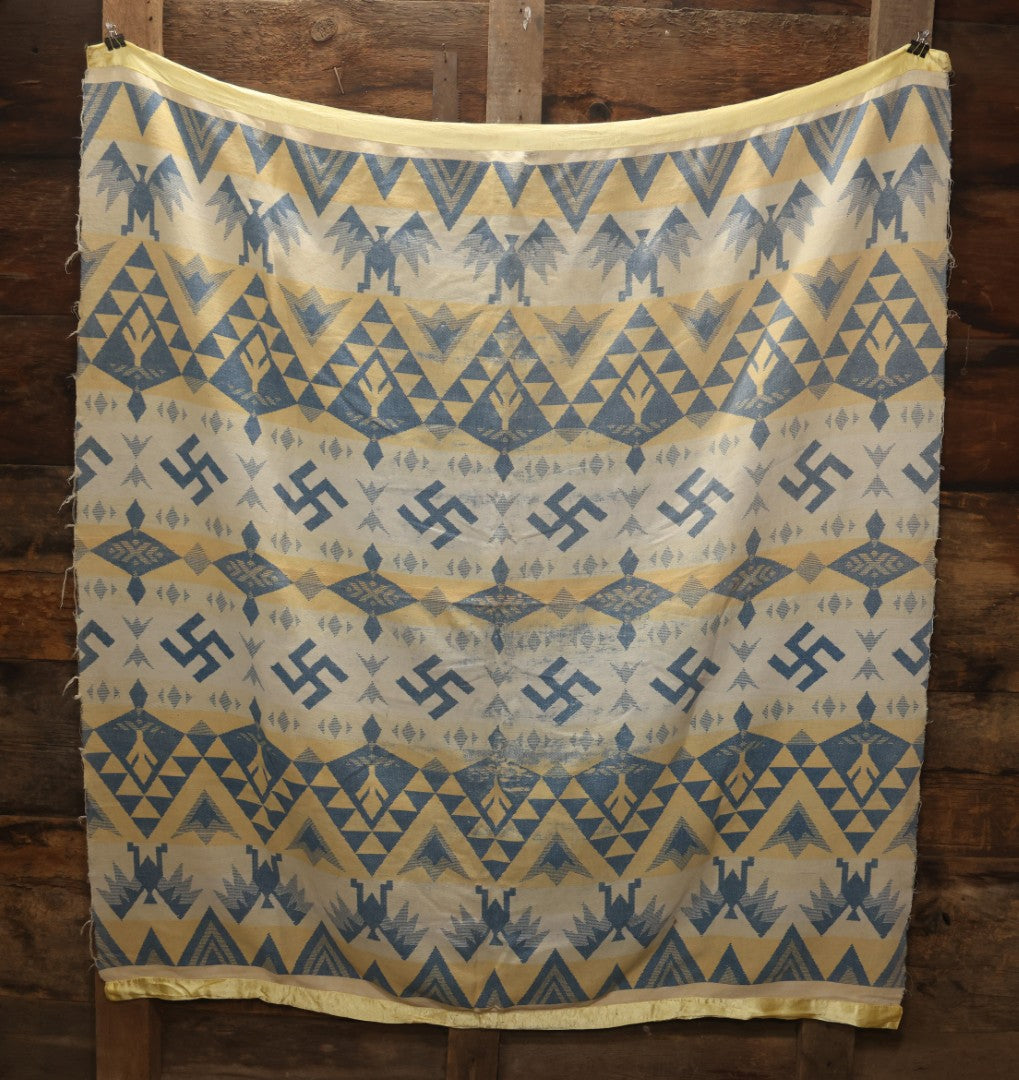 Lot 011 - Vintage Navajo-Style Textile Camp Blanket With Whirling Logs And Thunderbird Motifs, Blue And Yellow, Circa 1920s 60" x 70"
