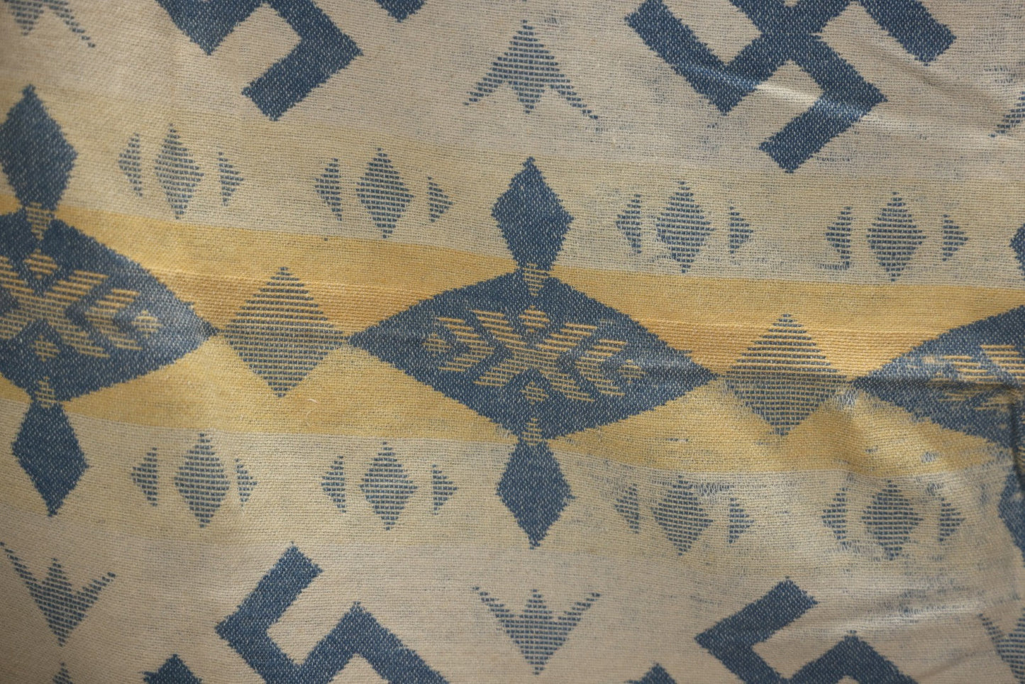 Lot 011 - Vintage Navajo-Style Textile Camp Blanket With Whirling Logs And Thunderbird Motifs, Blue And Yellow, Circa 1920s 60" x 70"