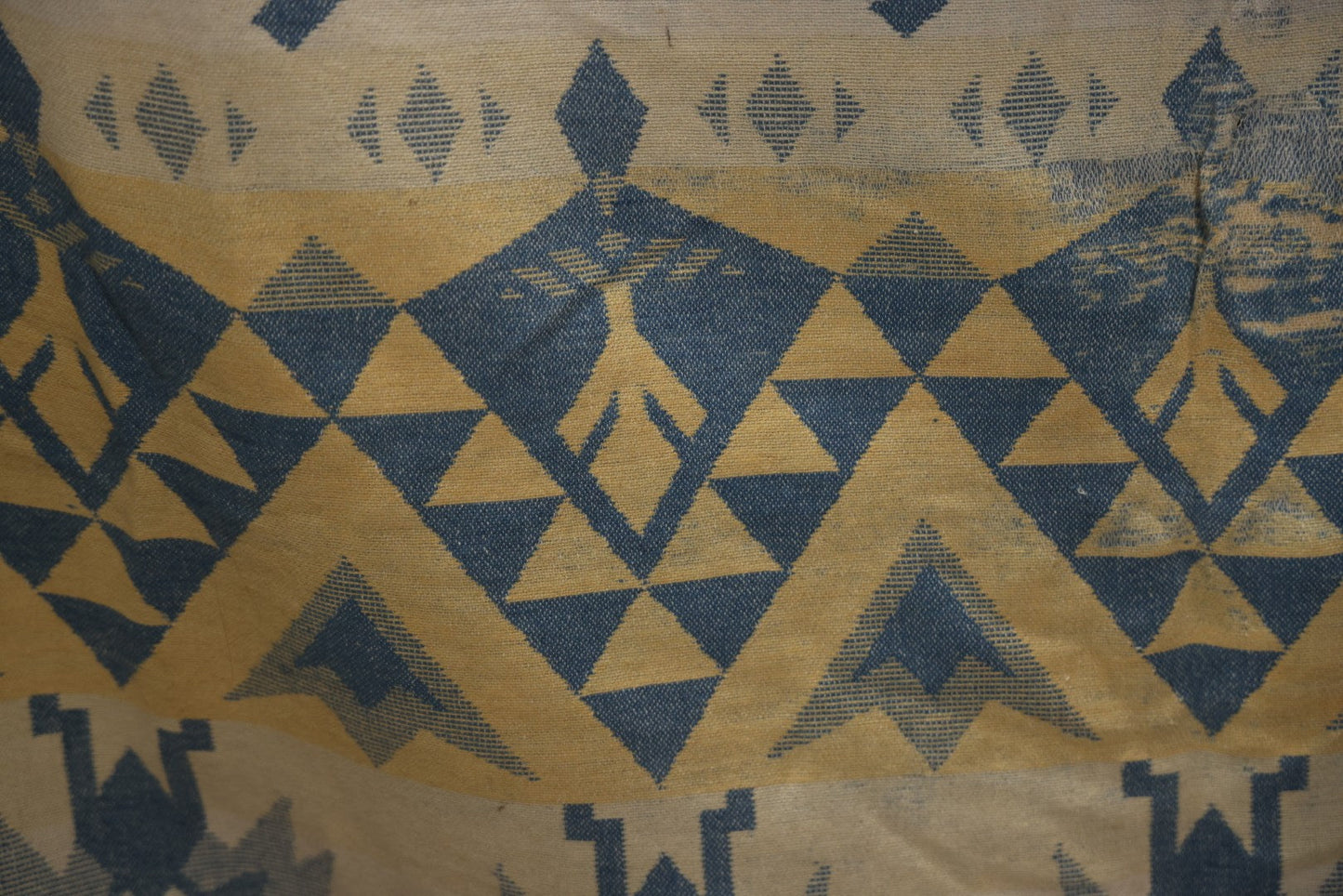 Lot 011 - Vintage Navajo-Style Textile Camp Blanket With Whirling Logs And Thunderbird Motifs, Blue And Yellow, Circa 1920s 60" x 70"