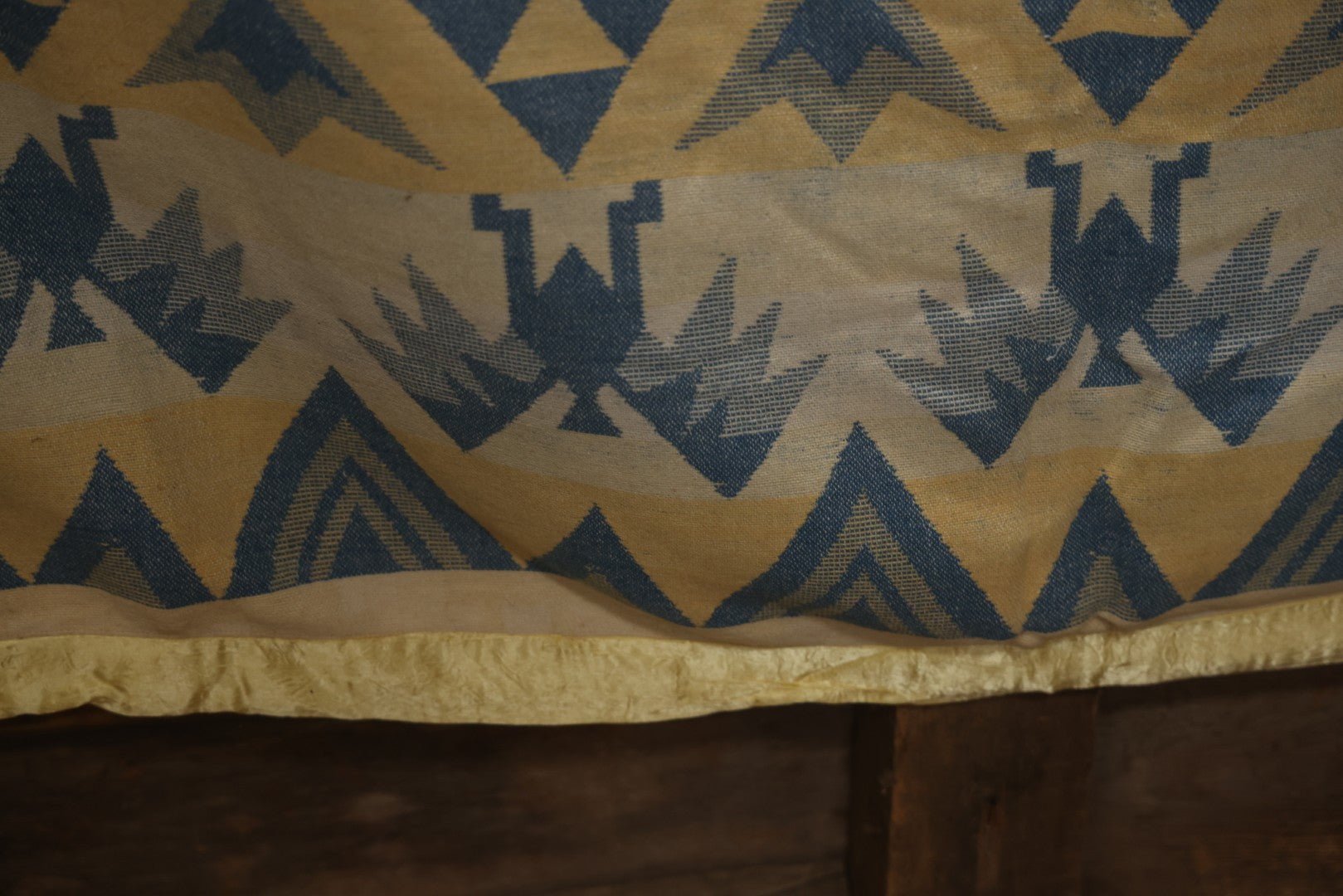 Lot 011 - Vintage Navajo-Style Textile Camp Blanket With Whirling Logs And Thunderbird Motifs, Blue And Yellow, Circa 1920s 60" x 70"