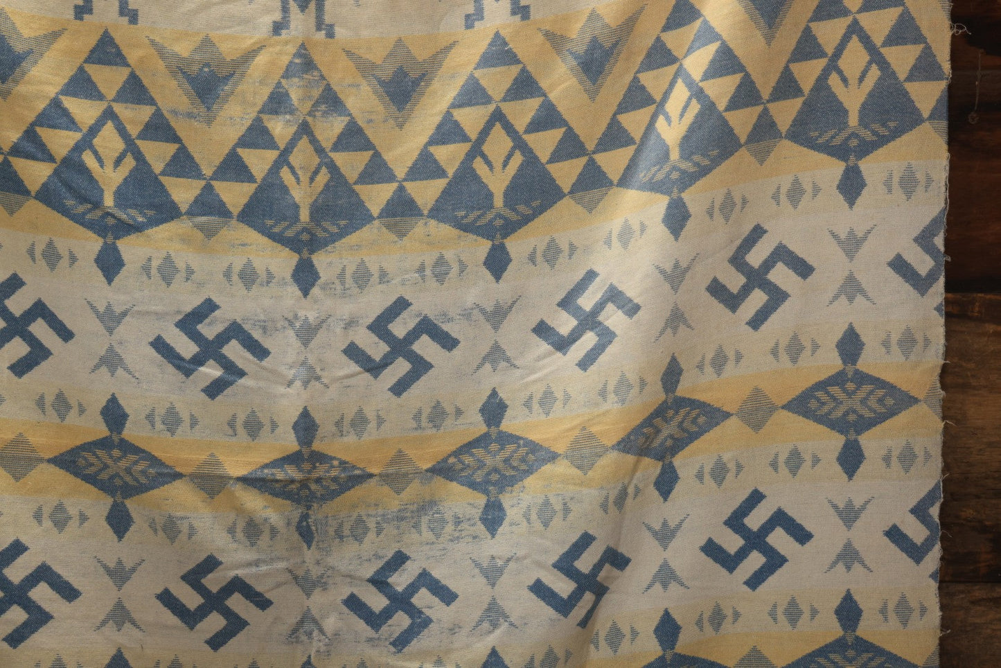 Lot 011 - Vintage Navajo-Style Textile Camp Blanket With Whirling Logs And Thunderbird Motifs, Blue And Yellow, Circa 1920s 60" x 70"