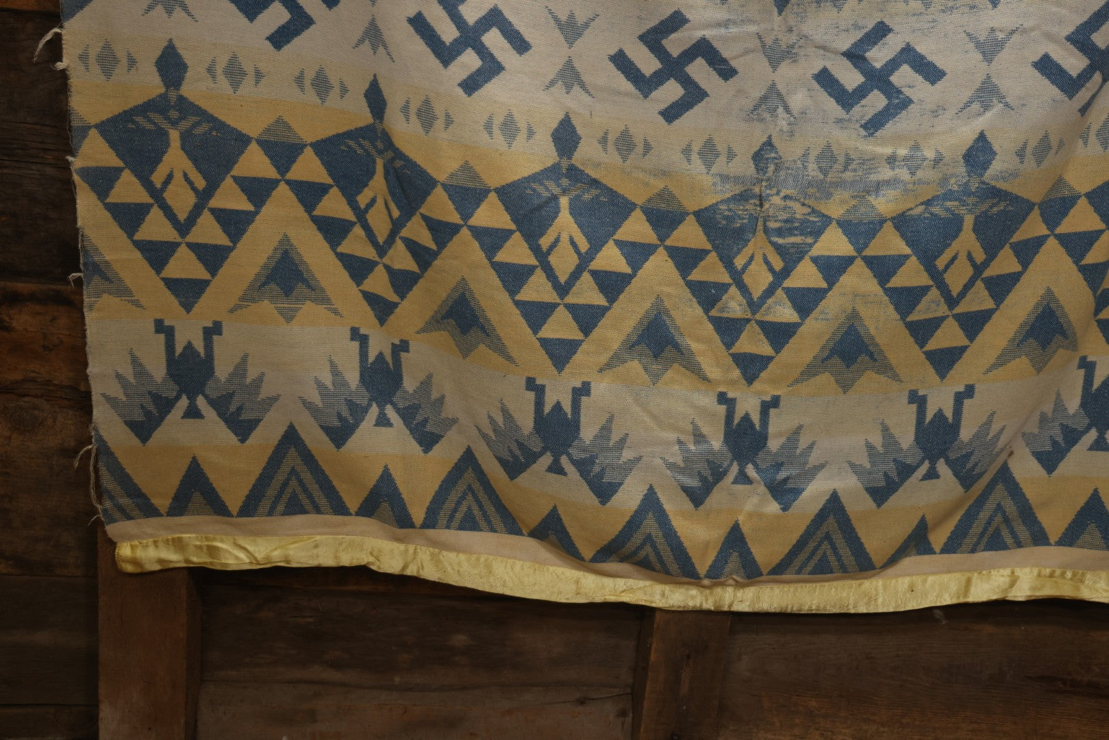 Lot 011 - Vintage Navajo-Style Textile Camp Blanket With Whirling Logs And Thunderbird Motifs, Blue And Yellow, Circa 1920s 60" x 70"