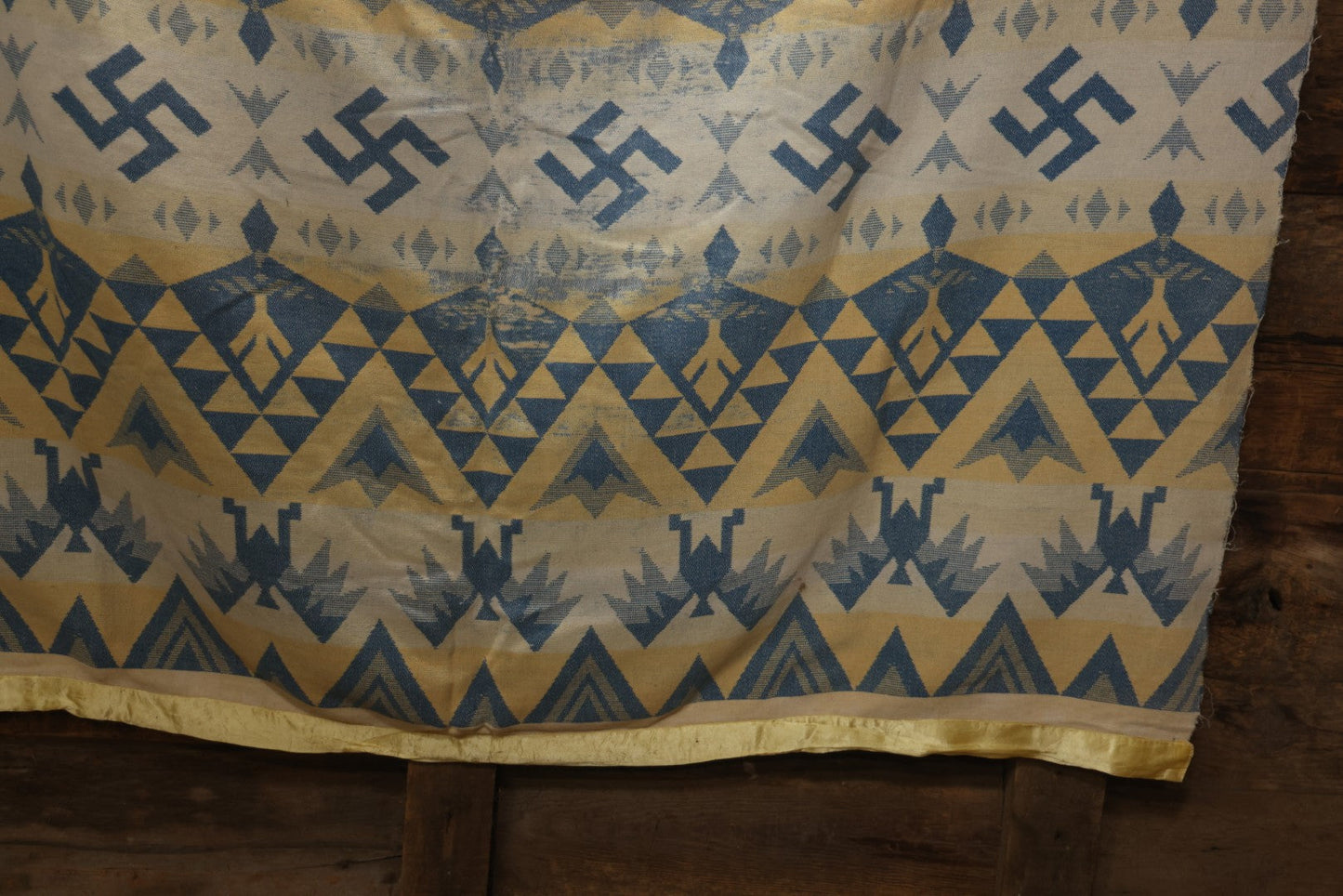 Lot 011 - Vintage Navajo-Style Textile Camp Blanket With Whirling Logs And Thunderbird Motifs, Blue And Yellow, Circa 1920s 60" x 70"