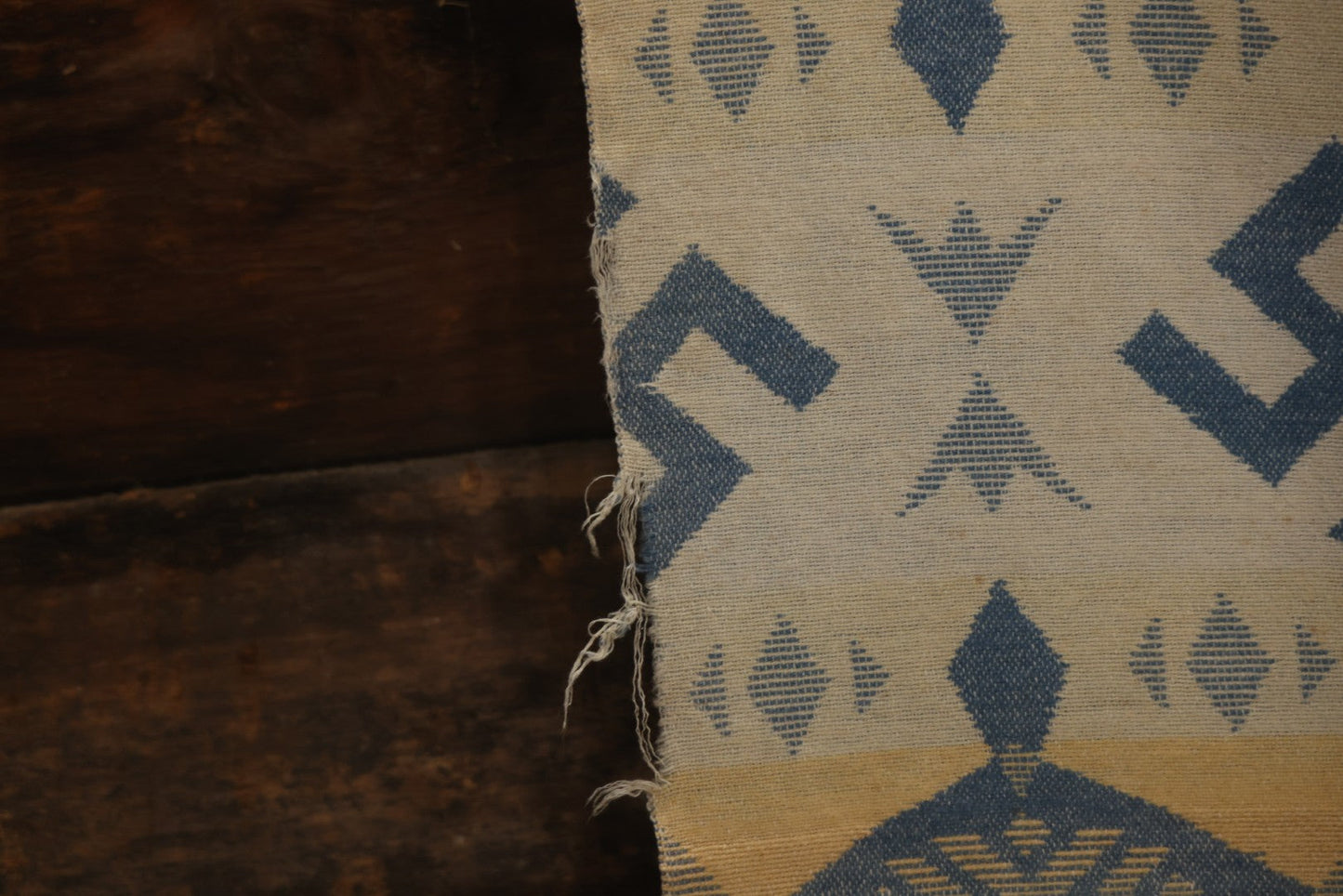 Lot 011 - Vintage Navajo-Style Textile Camp Blanket With Whirling Logs And Thunderbird Motifs, Blue And Yellow, Circa 1920s 60" x 70"