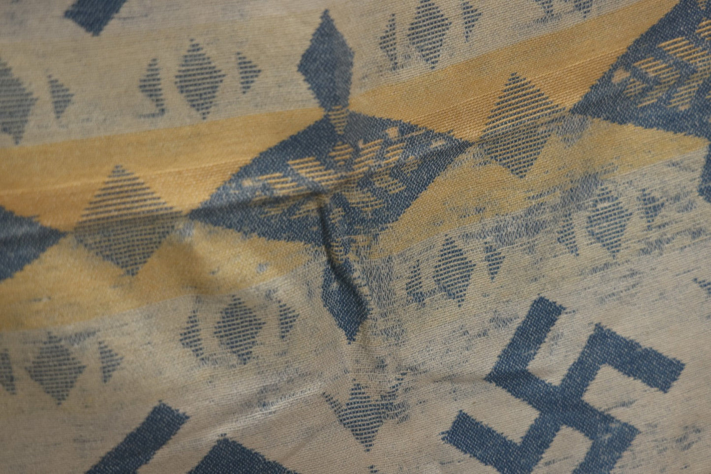 Lot 011 - Vintage Navajo-Style Textile Camp Blanket With Whirling Logs And Thunderbird Motifs, Blue And Yellow, Circa 1920s 60" x 70"