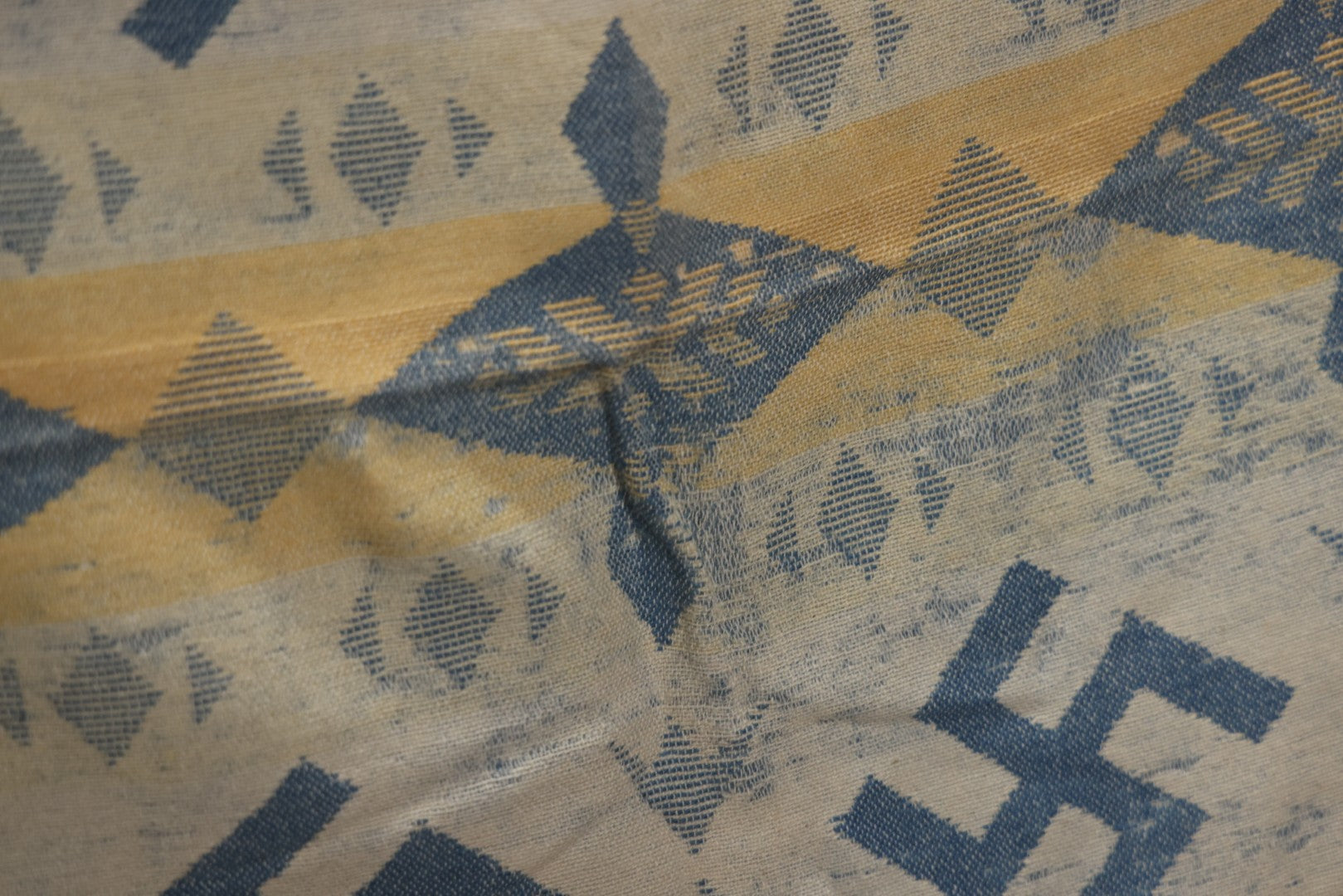 Lot 011 - Vintage Navajo-Style Textile Camp Blanket With Whirling Logs And Thunderbird Motifs, Blue And Yellow, Circa 1920s 60" x 70"