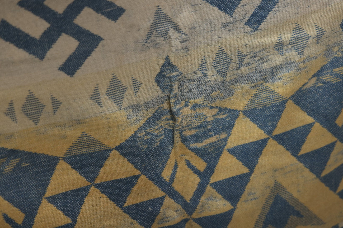 Lot 011 - Vintage Navajo-Style Textile Camp Blanket With Whirling Logs And Thunderbird Motifs, Blue And Yellow, Circa 1920s 60" x 70"