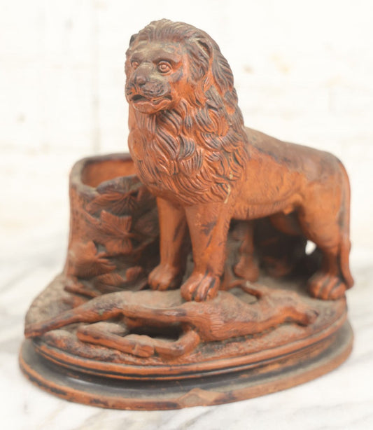 Lot 012 - Antique Red Clay Figural Desk Match Safe Or Holder With Lion And Prey, Marked “O.S.” And Numbered 1629