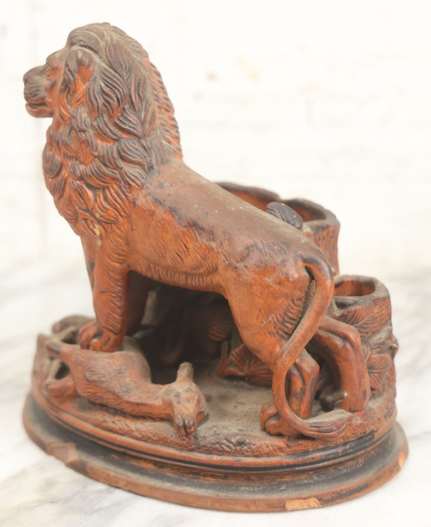 Lot 012 - Antique Red Clay Figural Desk Match Safe Or Holder With Lion And Prey, Marked “O.S.” And Numbered 1629