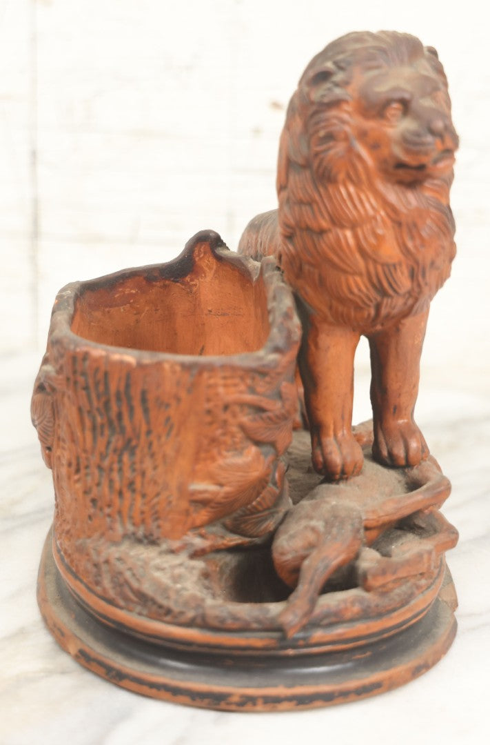 Lot 012 - Antique Red Clay Figural Desk Match Safe Or Holder With Lion And Prey, Marked “O.S.” And Numbered 1629