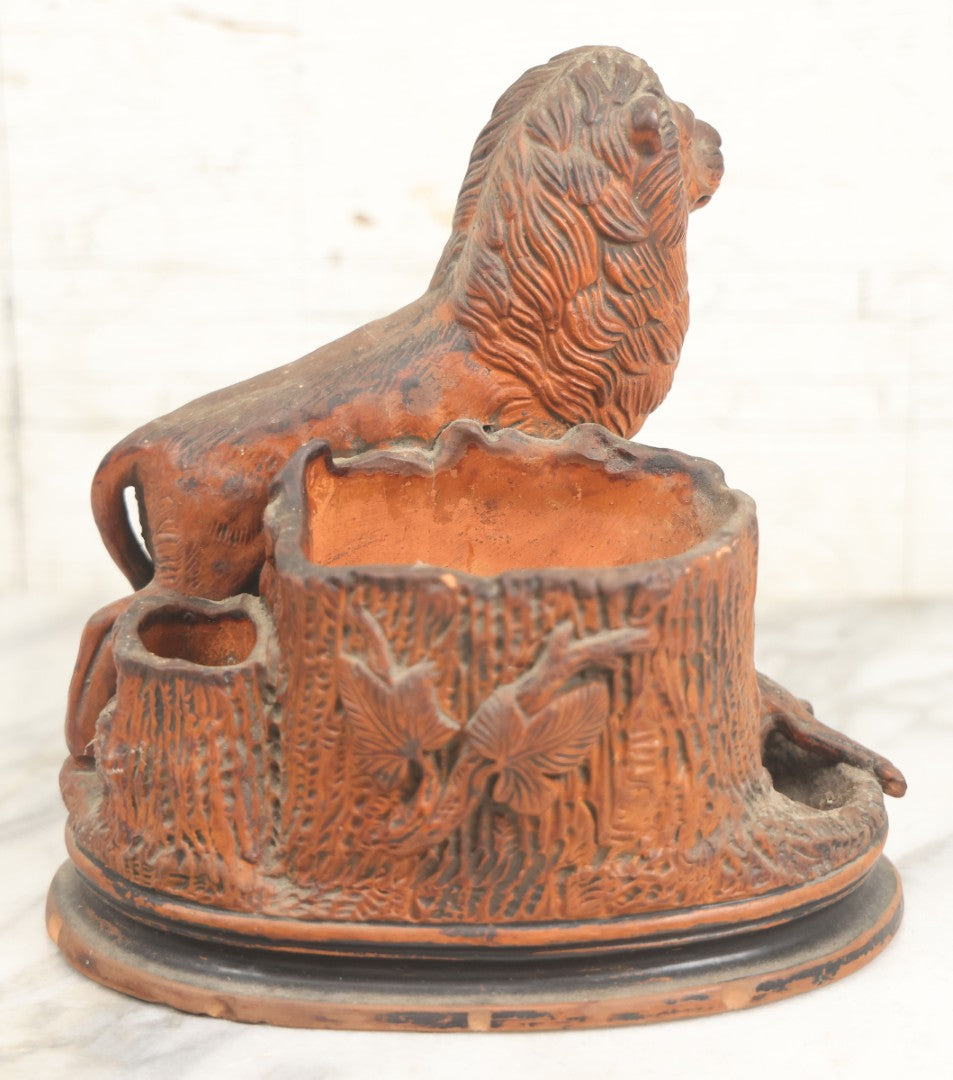 Lot 012 - Antique Red Clay Figural Desk Match Safe Or Holder With Lion And Prey, Marked “O.S.” And Numbered 1629