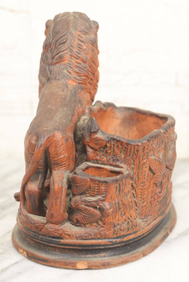 Lot 012 - Antique Red Clay Figural Desk Match Safe Or Holder With Lion And Prey, Marked “O.S.” And Numbered 1629
