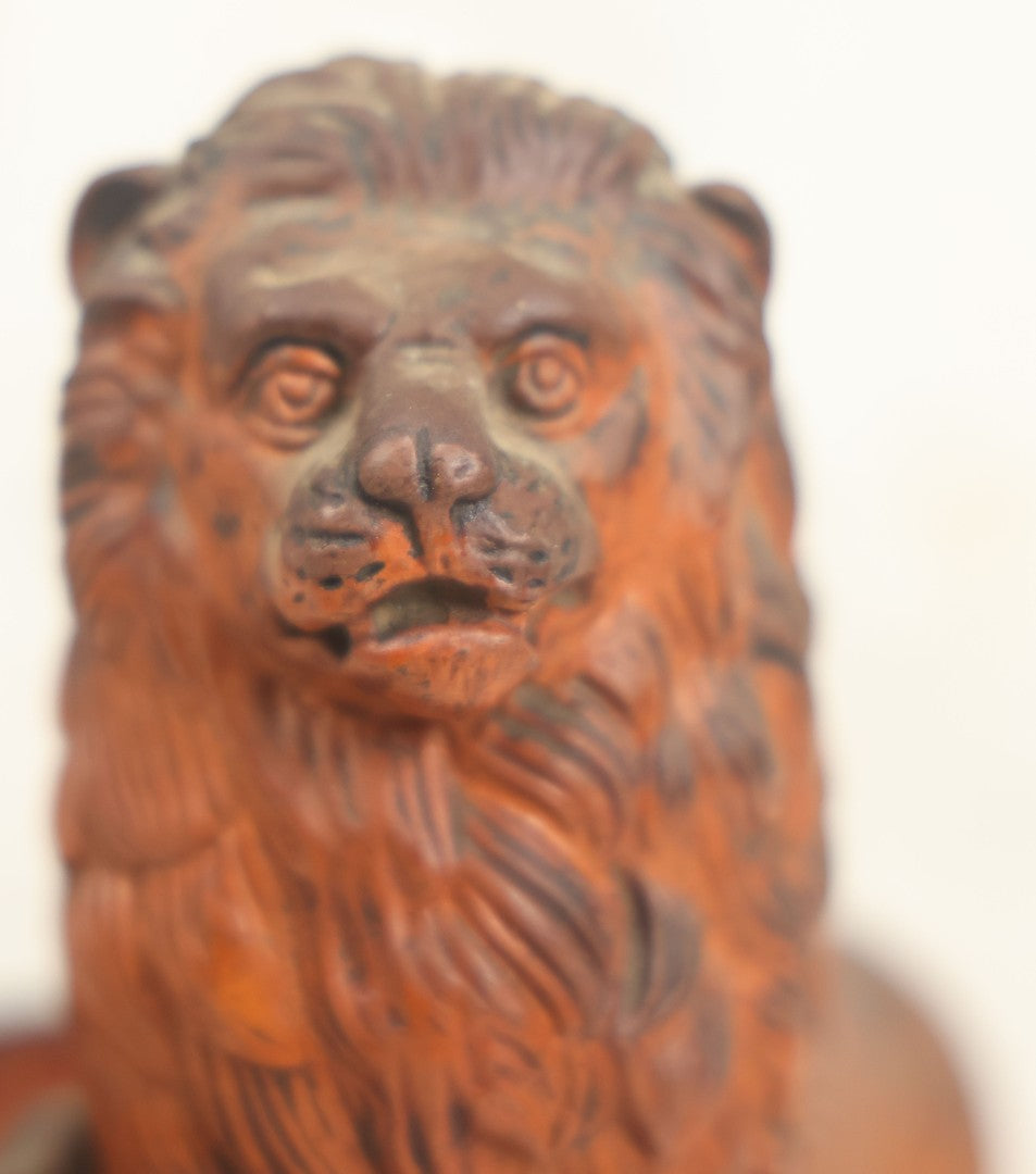 Lot 012 - Antique Red Clay Figural Desk Match Safe Or Holder With Lion And Prey, Marked “O.S.” And Numbered 1629