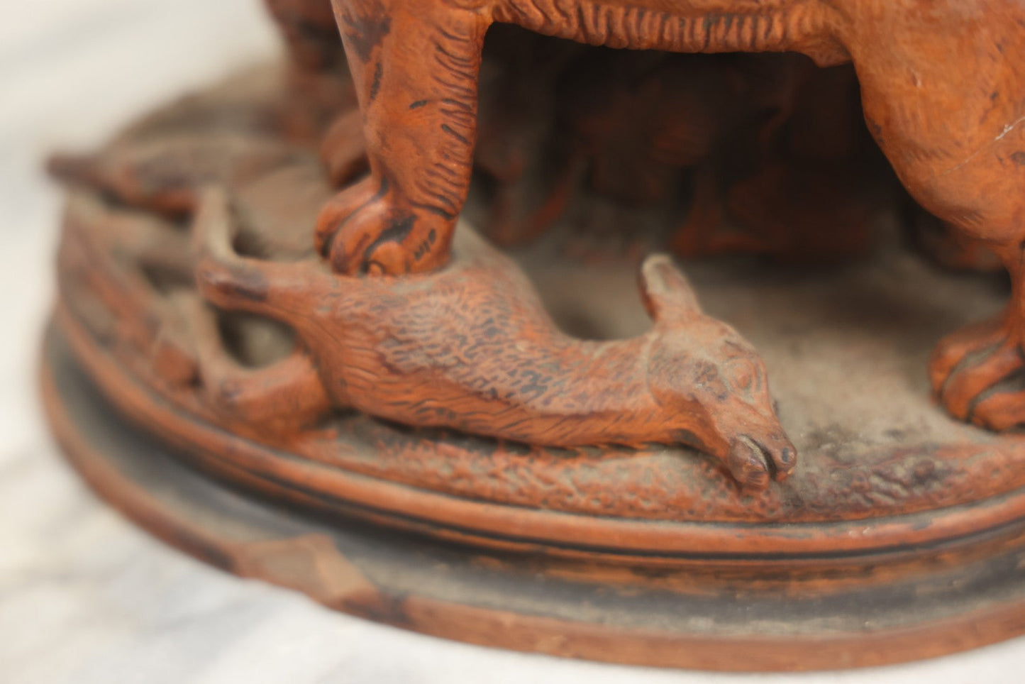 Lot 012 - Antique Red Clay Figural Desk Match Safe Or Holder With Lion And Prey, Marked “O.S.” And Numbered 1629