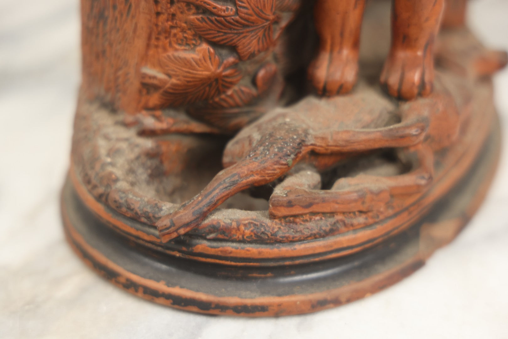 Lot 012 - Antique Red Clay Figural Desk Match Safe Or Holder With Lion And Prey, Marked “O.S.” And Numbered 1629