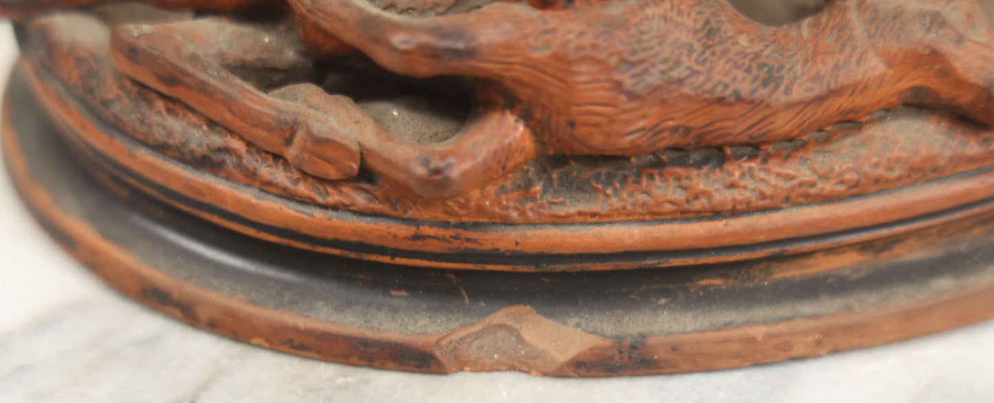 Lot 012 - Antique Red Clay Figural Desk Match Safe Or Holder With Lion And Prey, Marked “O.S.” And Numbered 1629