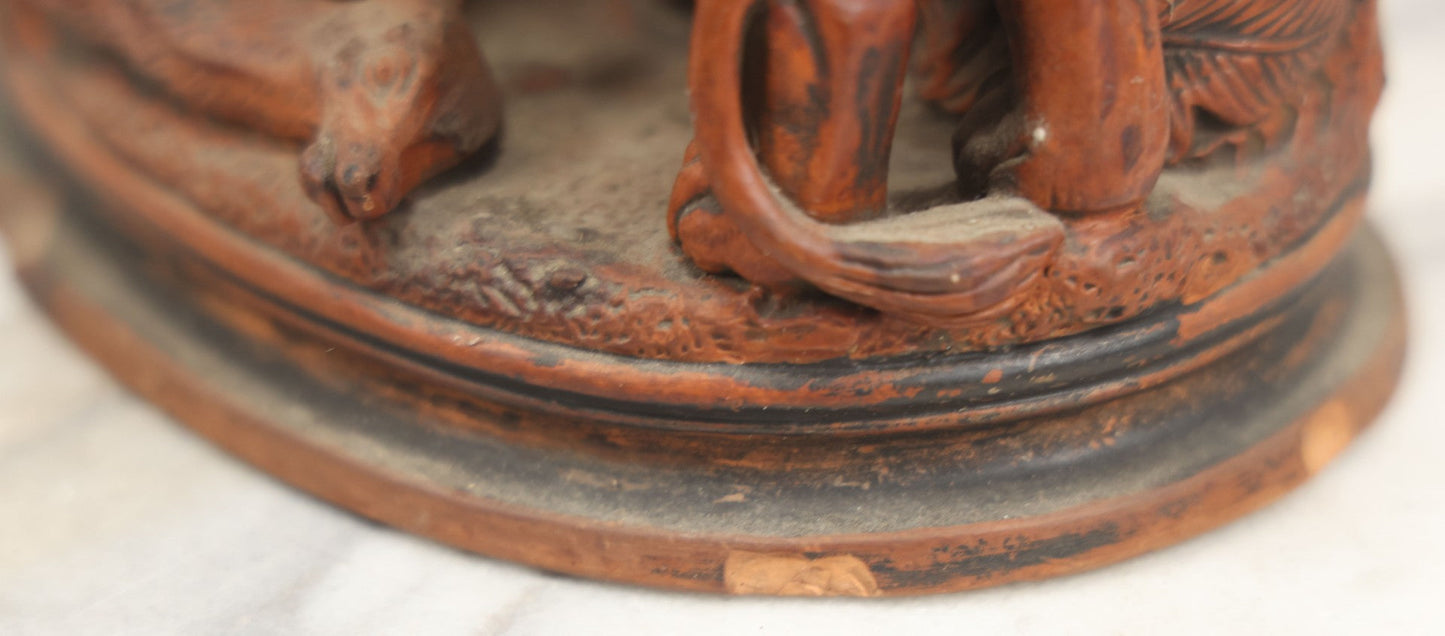 Lot 012 - Antique Red Clay Figural Desk Match Safe Or Holder With Lion And Prey, Marked “O.S.” And Numbered 1629