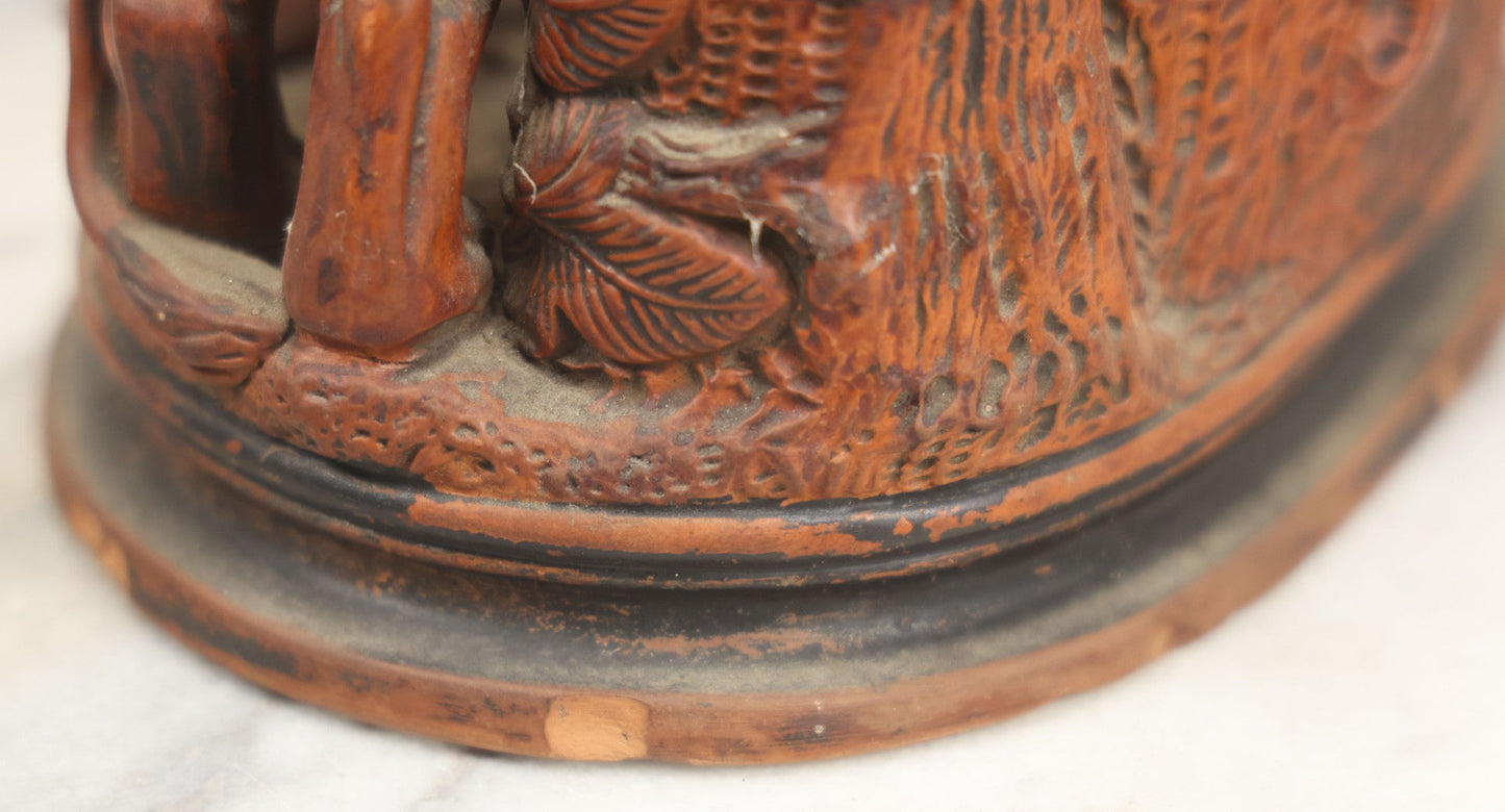 Lot 012 - Antique Red Clay Figural Desk Match Safe Or Holder With Lion And Prey, Marked “O.S.” And Numbered 1629