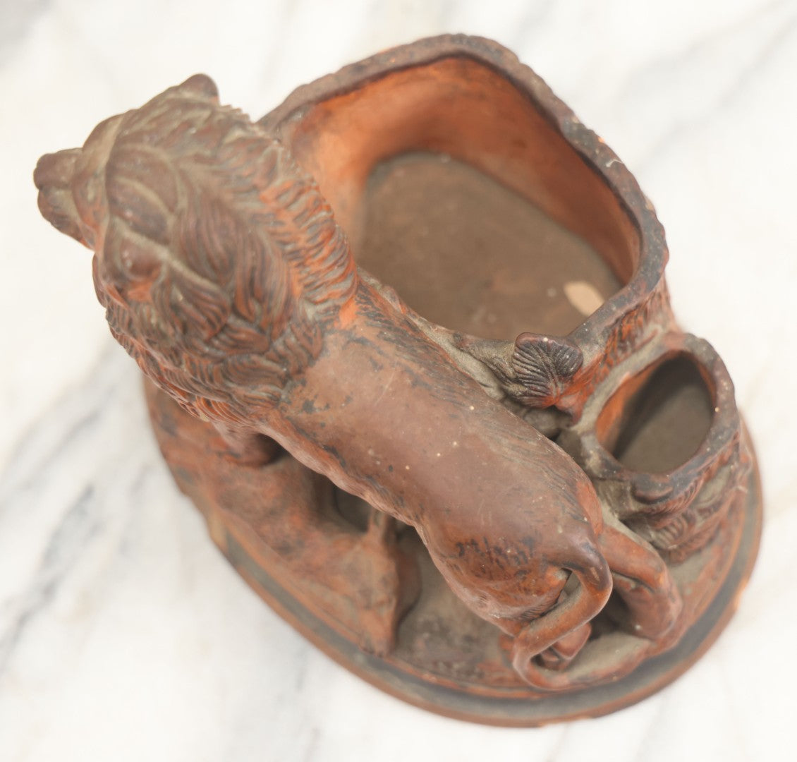 Lot 012 - Antique Red Clay Figural Desk Match Safe Or Holder With Lion And Prey, Marked “O.S.” And Numbered 1629