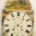 Lot 013 - Antique Hand Painted Metal Clock Face With Hunting Scene, Man With Rifle And Dog, Game Birds, Other Dogs, Unsigned, 14-1/8" x 20-1/4"