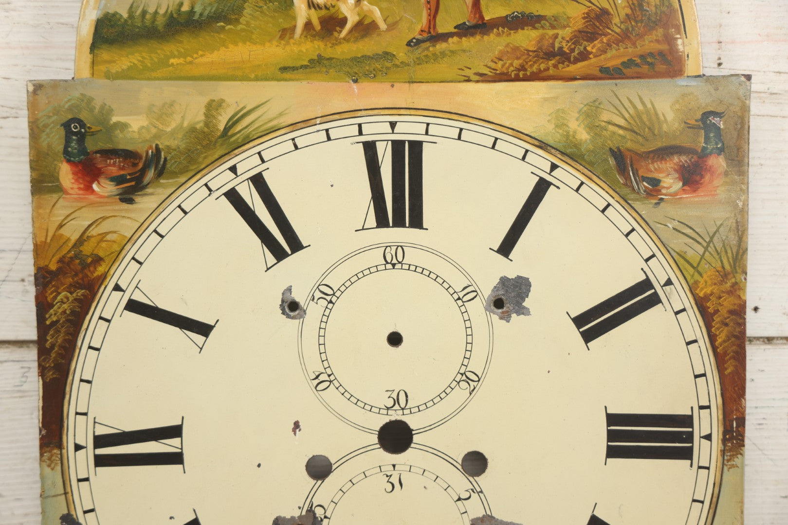 Lot 013 - Antique Hand Painted Metal Clock Face With Hunting Scene, Man With Rifle And Dog, Game Birds, Other Dogs, Unsigned, 14-1/8" x 20-1/4"