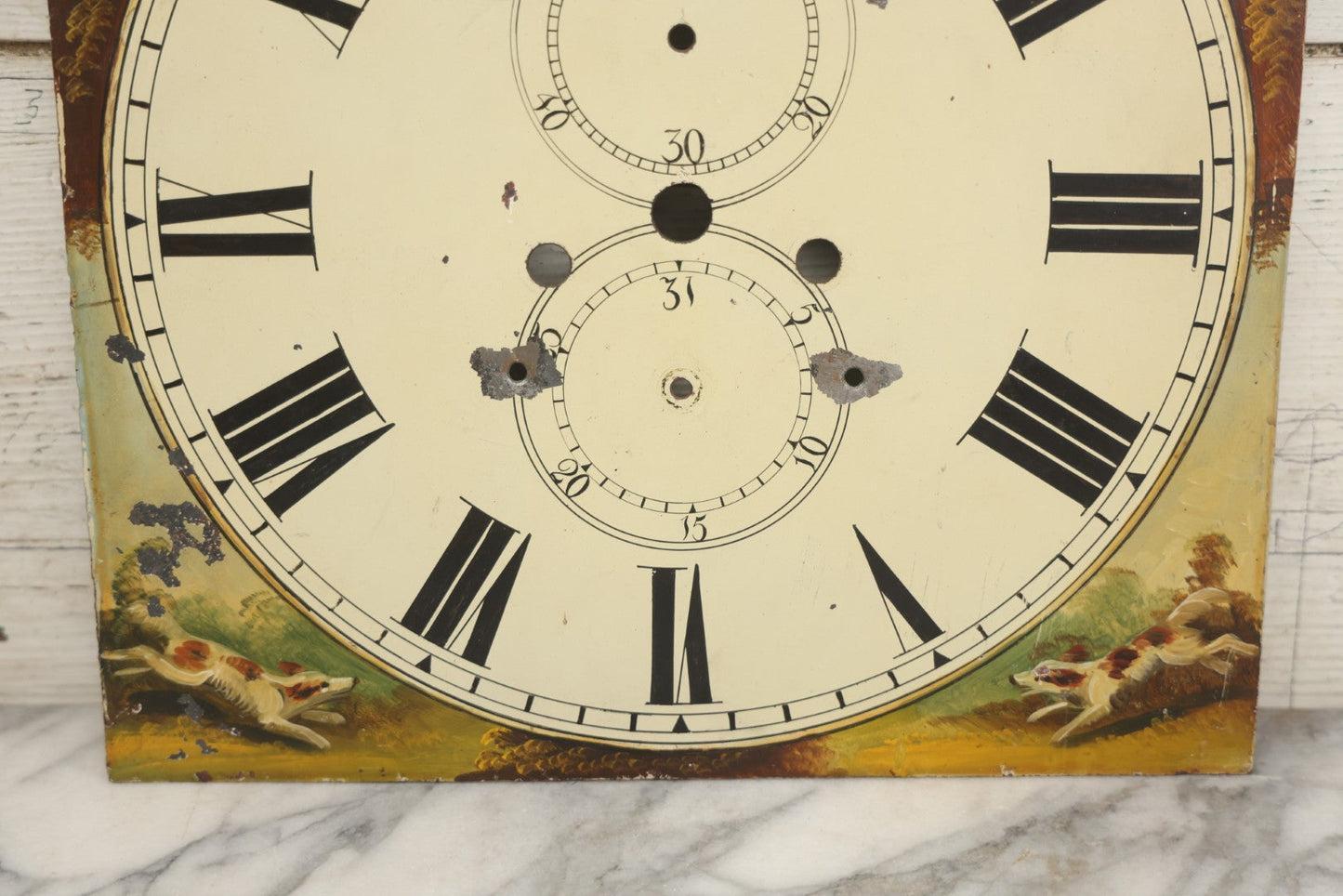 Lot 013 - Antique Hand Painted Metal Clock Face With Hunting Scene, Man With Rifle And Dog, Game Birds, Other Dogs, Unsigned, 14-1/8" x 20-1/4"