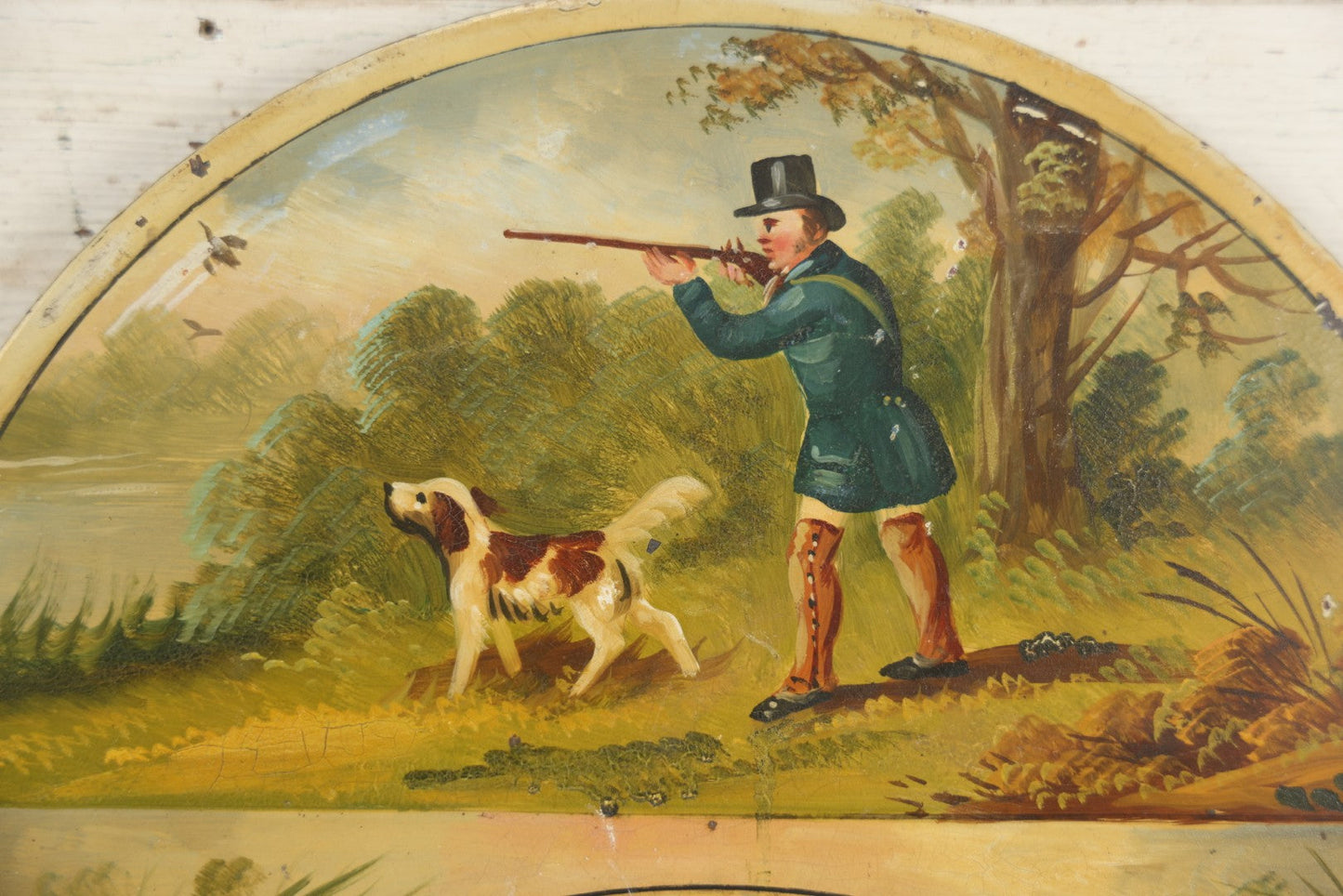 Lot 013 - Antique Hand Painted Metal Clock Face With Hunting Scene, Man With Rifle And Dog, Game Birds, Other Dogs, Unsigned, 14-1/8" x 20-1/4"