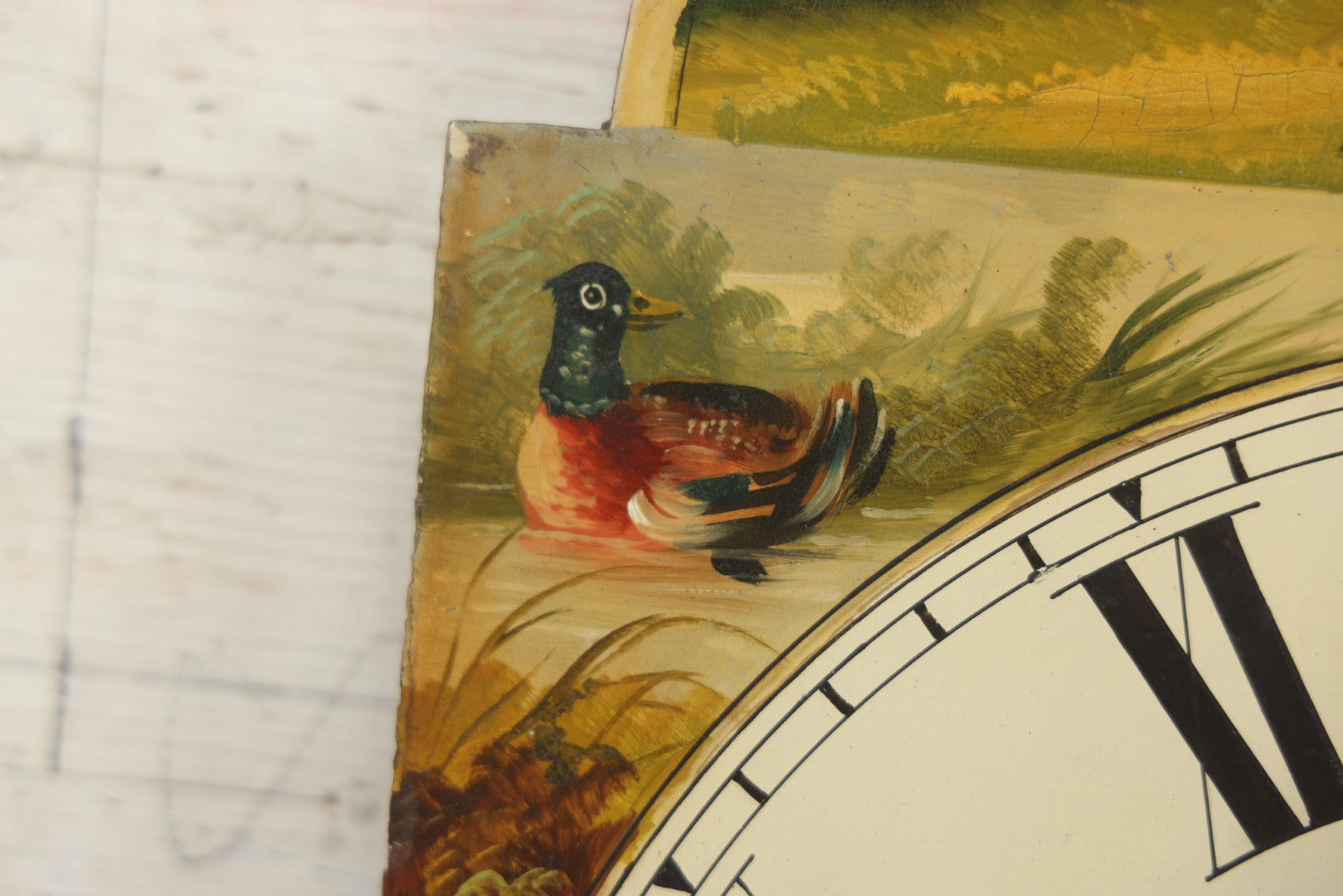 Lot 013 - Antique Hand Painted Metal Clock Face With Hunting Scene, Man With Rifle And Dog, Game Birds, Other Dogs, Unsigned, 14-1/8" x 20-1/4"