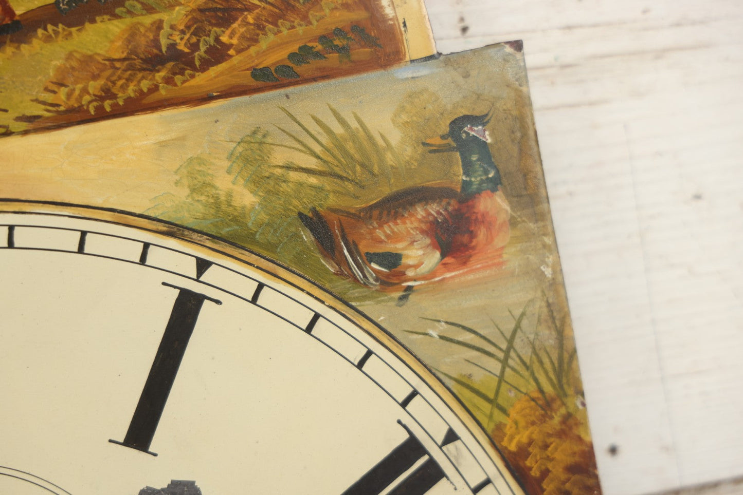 Lot 013 - Antique Hand Painted Metal Clock Face With Hunting Scene, Man With Rifle And Dog, Game Birds, Other Dogs, Unsigned, 14-1/8" x 20-1/4"