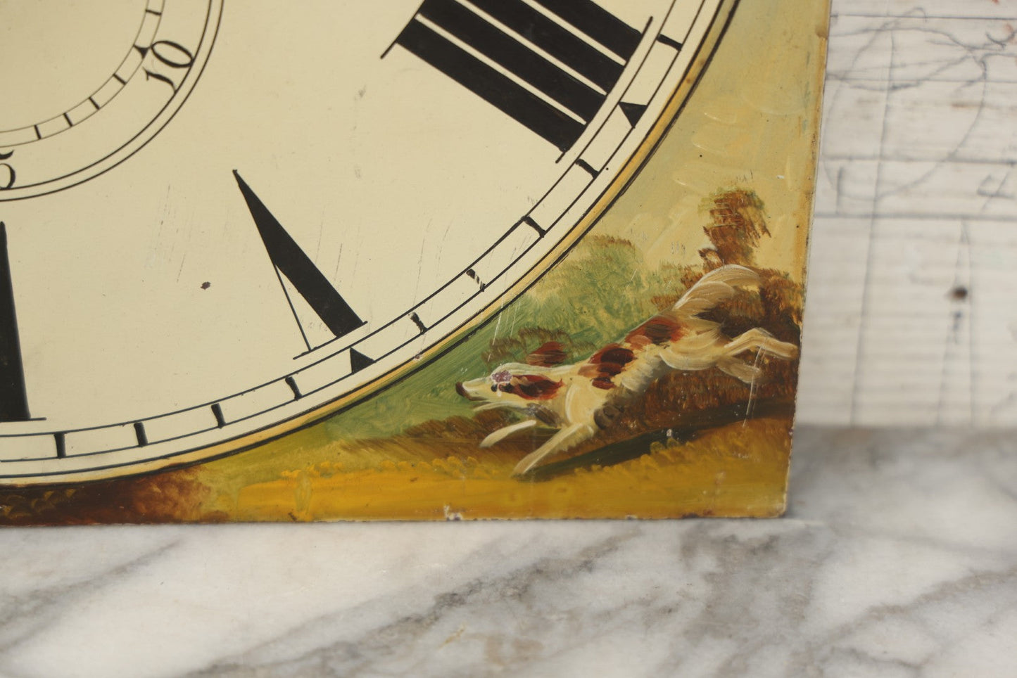 Lot 013 - Antique Hand Painted Metal Clock Face With Hunting Scene, Man With Rifle And Dog, Game Birds, Other Dogs, Unsigned, 14-1/8" x 20-1/4"