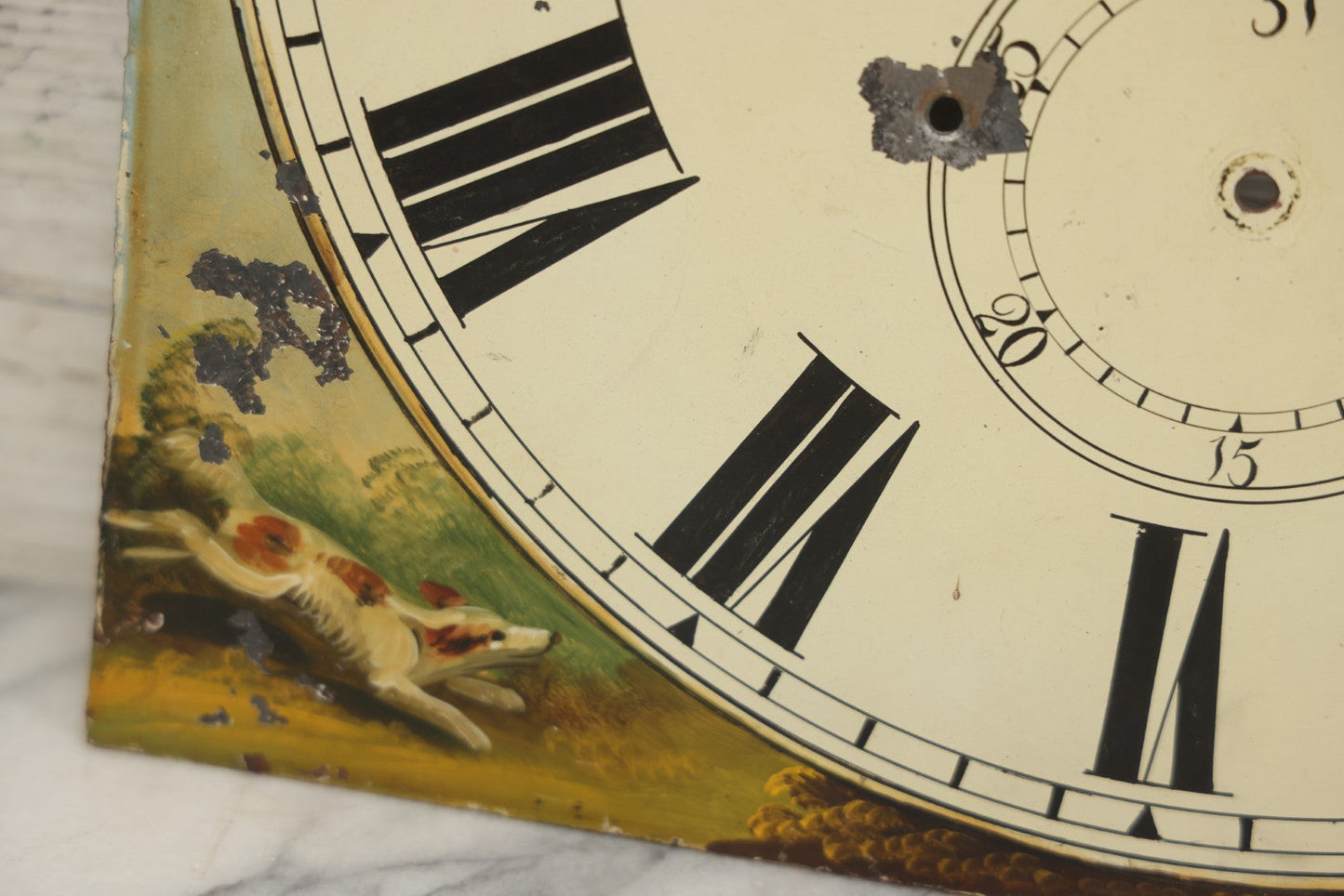 Lot 013 - Antique Hand Painted Metal Clock Face With Hunting Scene, Man With Rifle And Dog, Game Birds, Other Dogs, Unsigned, 14-1/8" x 20-1/4"