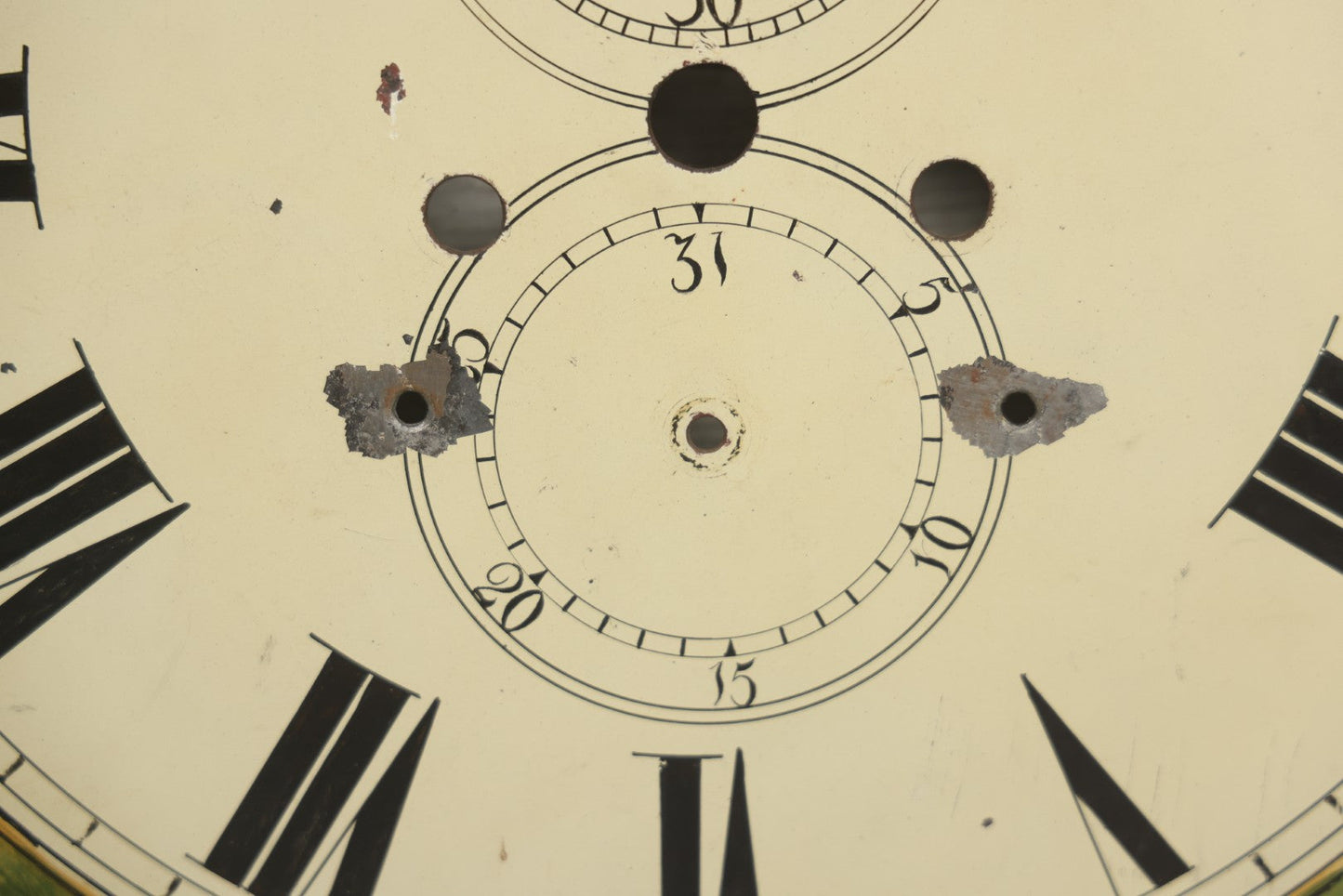 Lot 013 - Antique Hand Painted Metal Clock Face With Hunting Scene, Man With Rifle And Dog, Game Birds, Other Dogs, Unsigned, 14-1/8" x 20-1/4"