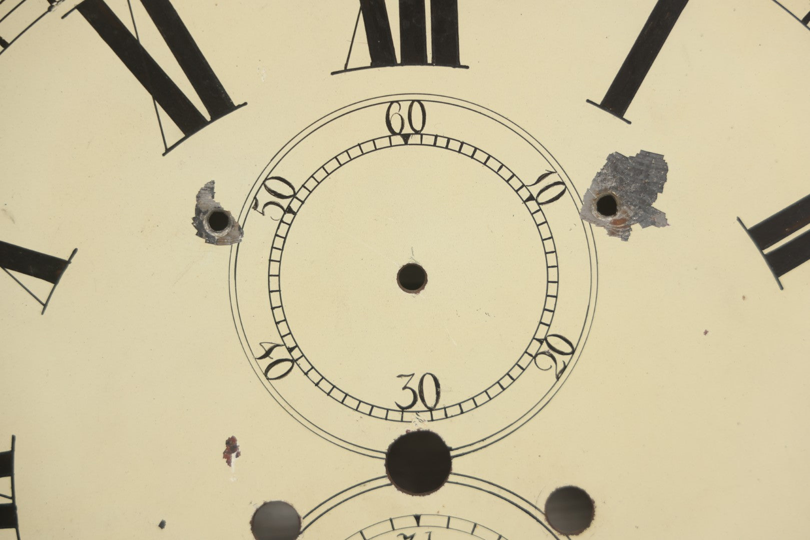 Lot 013 - Antique Hand Painted Metal Clock Face With Hunting Scene, Man With Rifle And Dog, Game Birds, Other Dogs, Unsigned, 14-1/8" x 20-1/4"