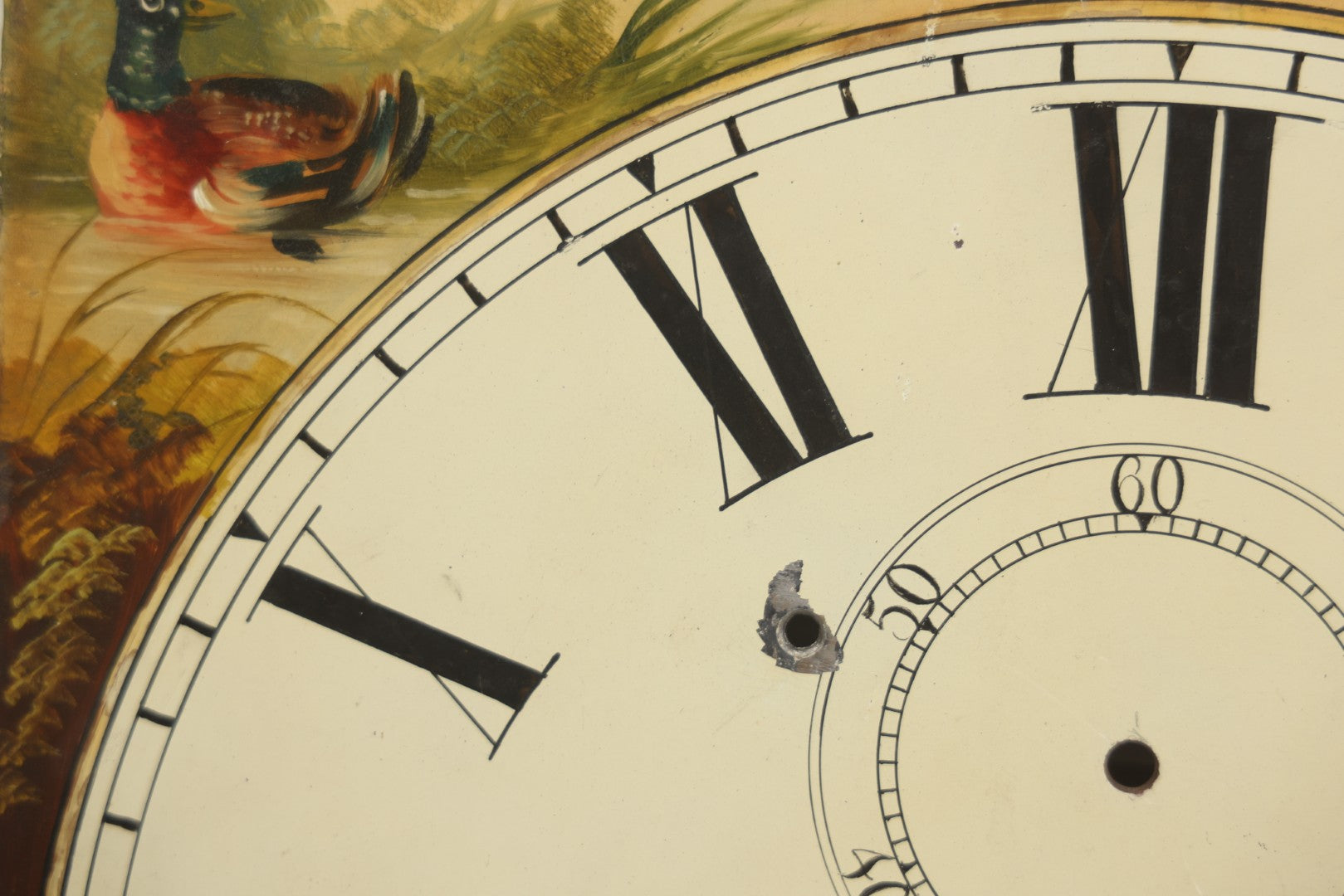 Lot 013 - Antique Hand Painted Metal Clock Face With Hunting Scene, Man With Rifle And Dog, Game Birds, Other Dogs, Unsigned, 14-1/8" x 20-1/4"