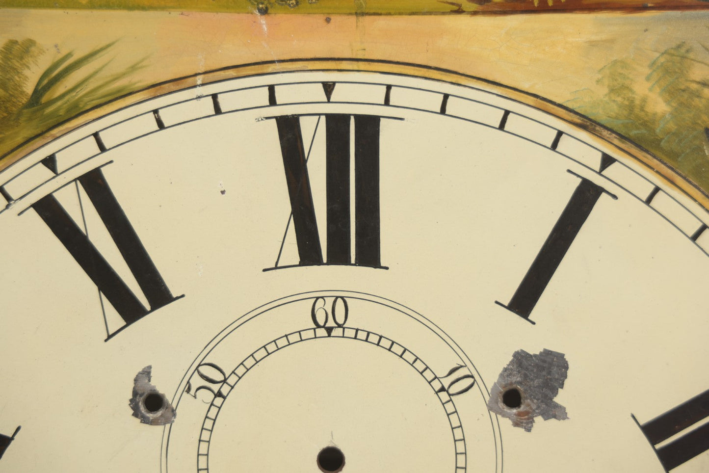 Lot 013 - Antique Hand Painted Metal Clock Face With Hunting Scene, Man With Rifle And Dog, Game Birds, Other Dogs, Unsigned, 14-1/8" x 20-1/4"