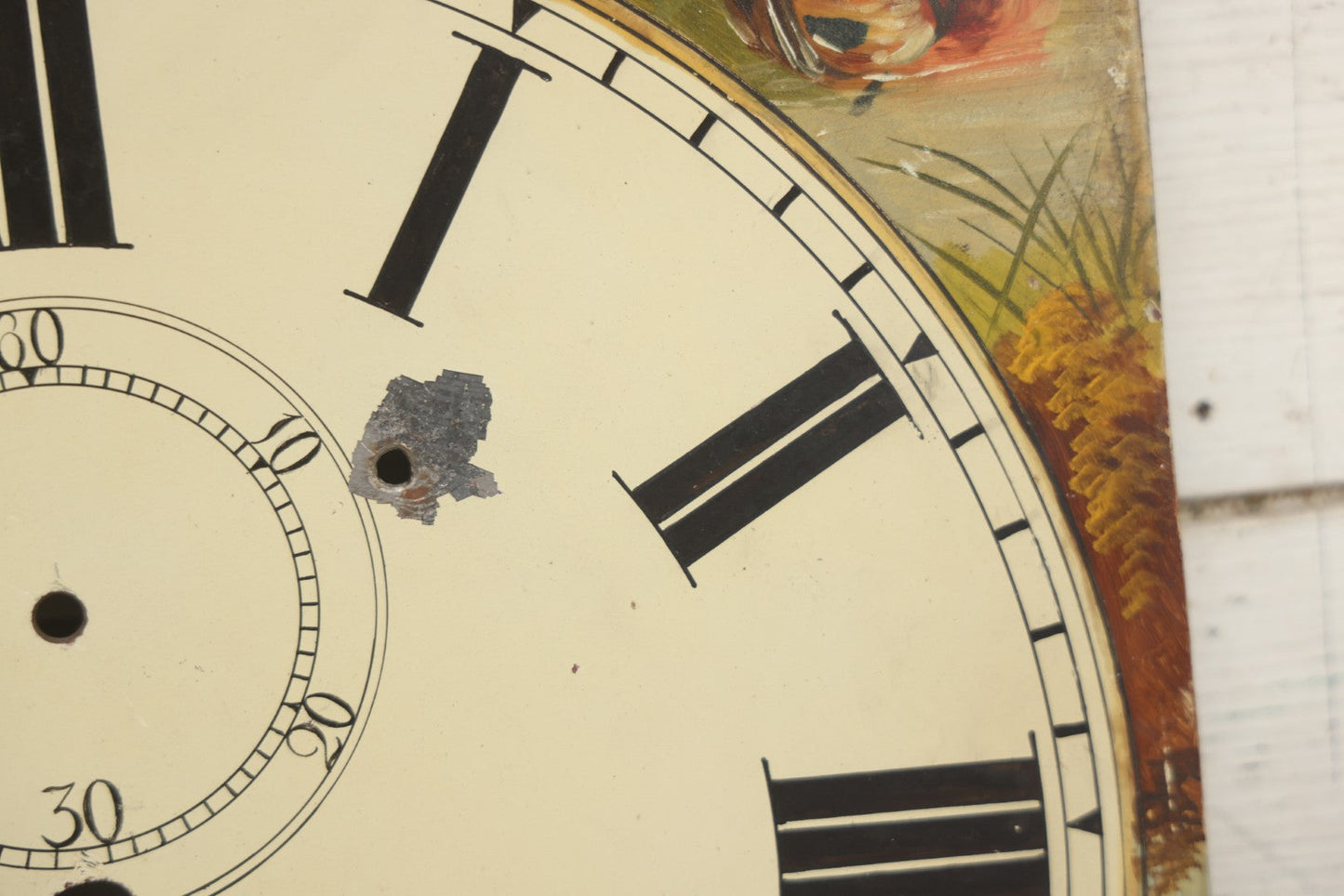 Lot 013 - Antique Hand Painted Metal Clock Face With Hunting Scene, Man With Rifle And Dog, Game Birds, Other Dogs, Unsigned, 14-1/8" x 20-1/4"