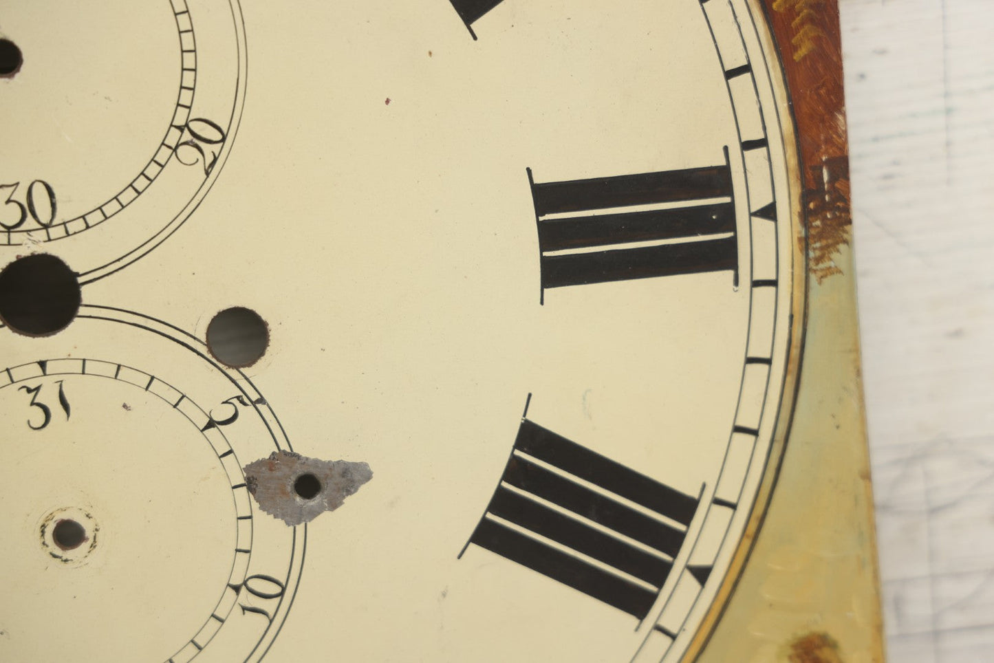 Lot 013 - Antique Hand Painted Metal Clock Face With Hunting Scene, Man With Rifle And Dog, Game Birds, Other Dogs, Unsigned, 14-1/8" x 20-1/4"