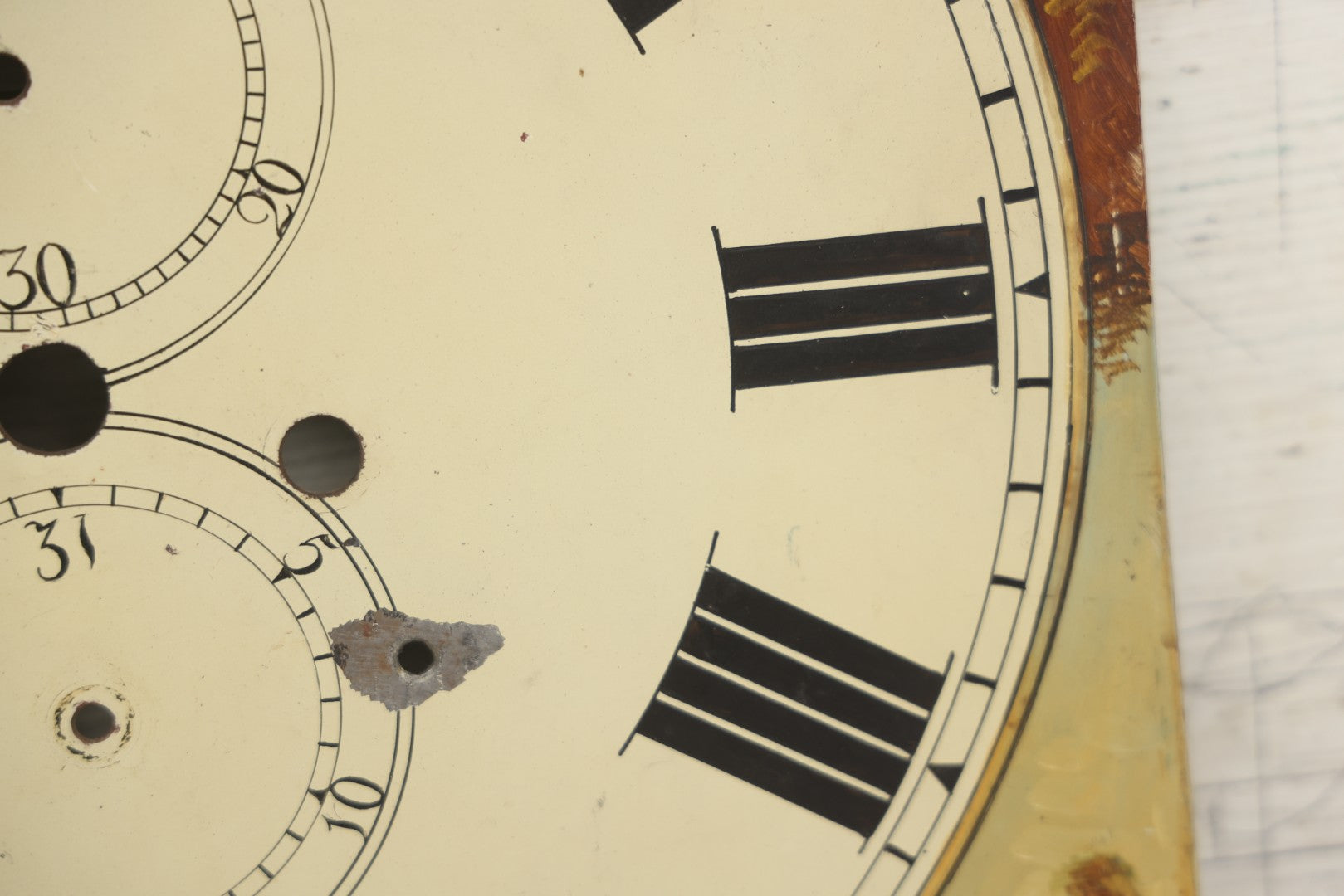 Lot 013 - Antique Hand Painted Metal Clock Face With Hunting Scene, Man With Rifle And Dog, Game Birds, Other Dogs, Unsigned, 14-1/8" x 20-1/4"