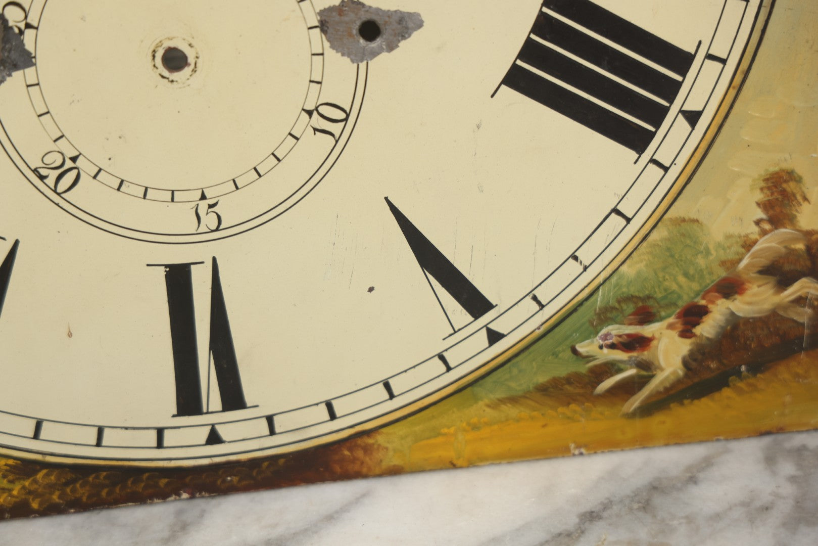 Lot 013 - Antique Hand Painted Metal Clock Face With Hunting Scene, Man With Rifle And Dog, Game Birds, Other Dogs, Unsigned, 14-1/8" x 20-1/4"