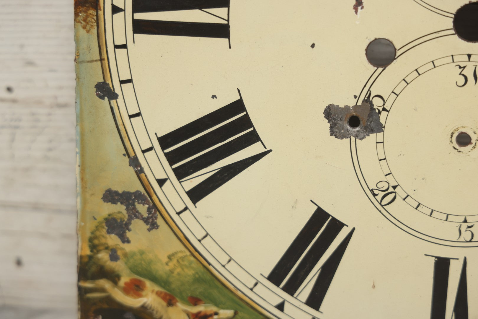 Lot 013 - Antique Hand Painted Metal Clock Face With Hunting Scene, Man With Rifle And Dog, Game Birds, Other Dogs, Unsigned, 14-1/8" x 20-1/4"