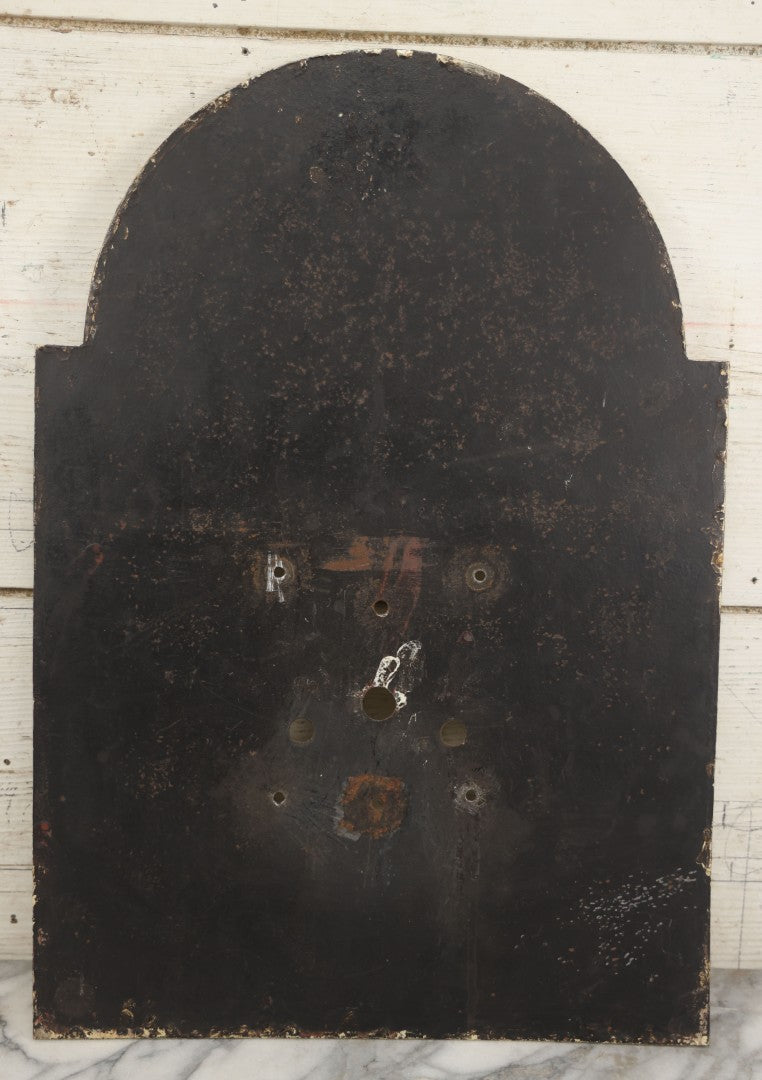 Lot 013 - Antique Hand Painted Metal Clock Face With Hunting Scene, Man With Rifle And Dog, Game Birds, Other Dogs, Unsigned, 14-1/8" x 20-1/4"