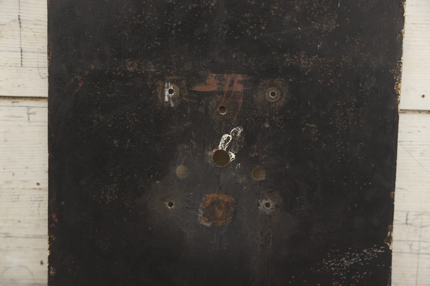 Lot 013 - Antique Hand Painted Metal Clock Face With Hunting Scene, Man With Rifle And Dog, Game Birds, Other Dogs, Unsigned, 14-1/8" x 20-1/4"