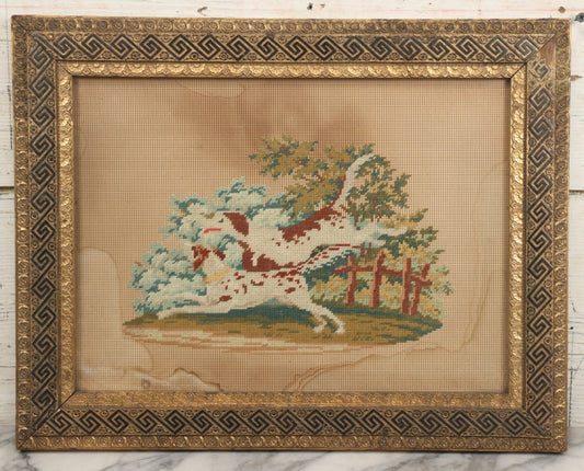 Lot 014 - Antique Punchwork Embroidery Country Scene With Running Dogs In Greek Key Gesso Frame, Note Staining, 18-1/2" x 14-1/2"