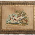 Lot 014 - Antique Punchwork Embroidery Country Scene With Running Dogs In Greek Key Gesso Frame, Note Staining, 18-1/2" x 14-1/2"