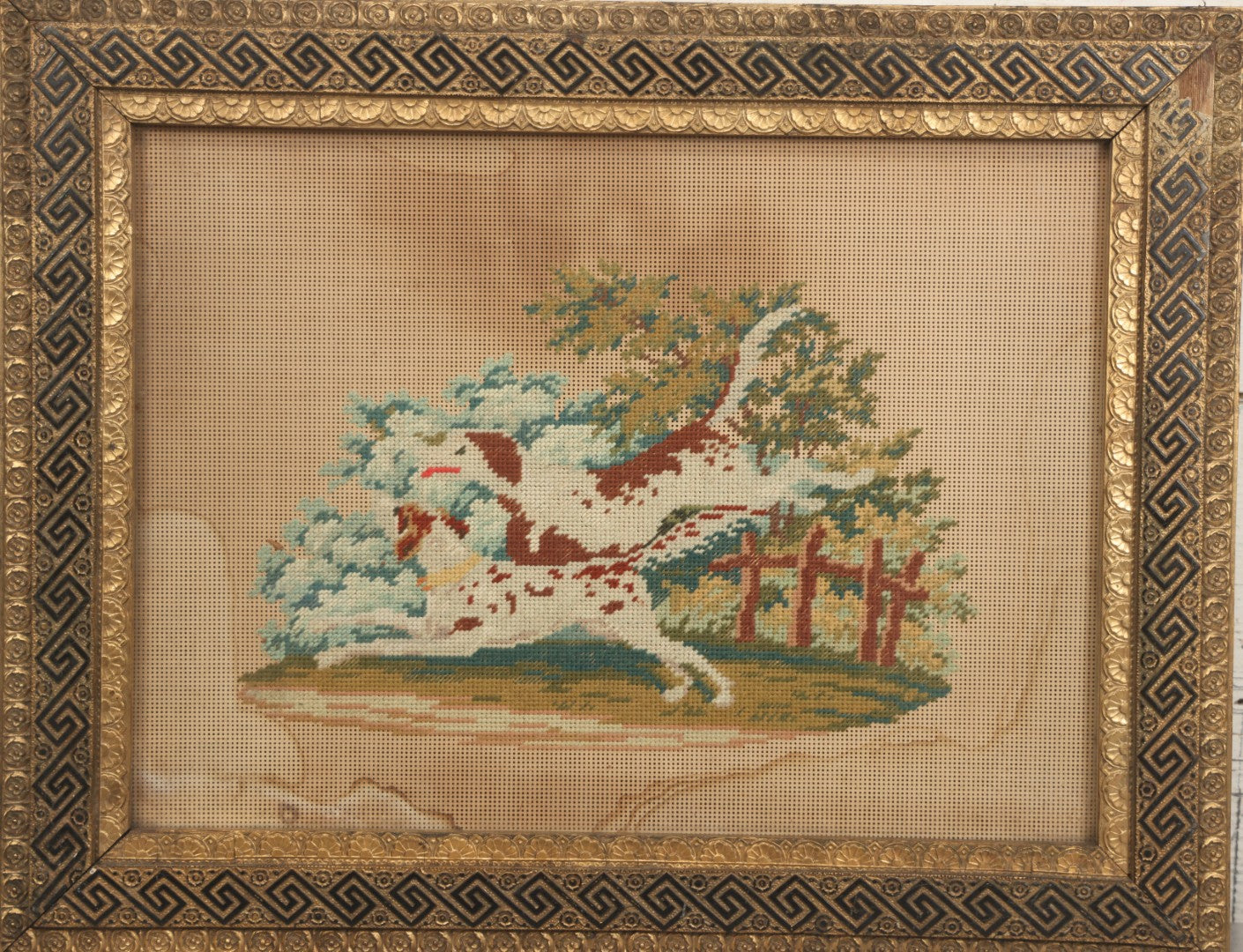Lot 014 - Antique Punchwork Embroidery Country Scene With Running Dogs In Greek Key Gesso Frame, Note Staining, 18-1/2" x 14-1/2"