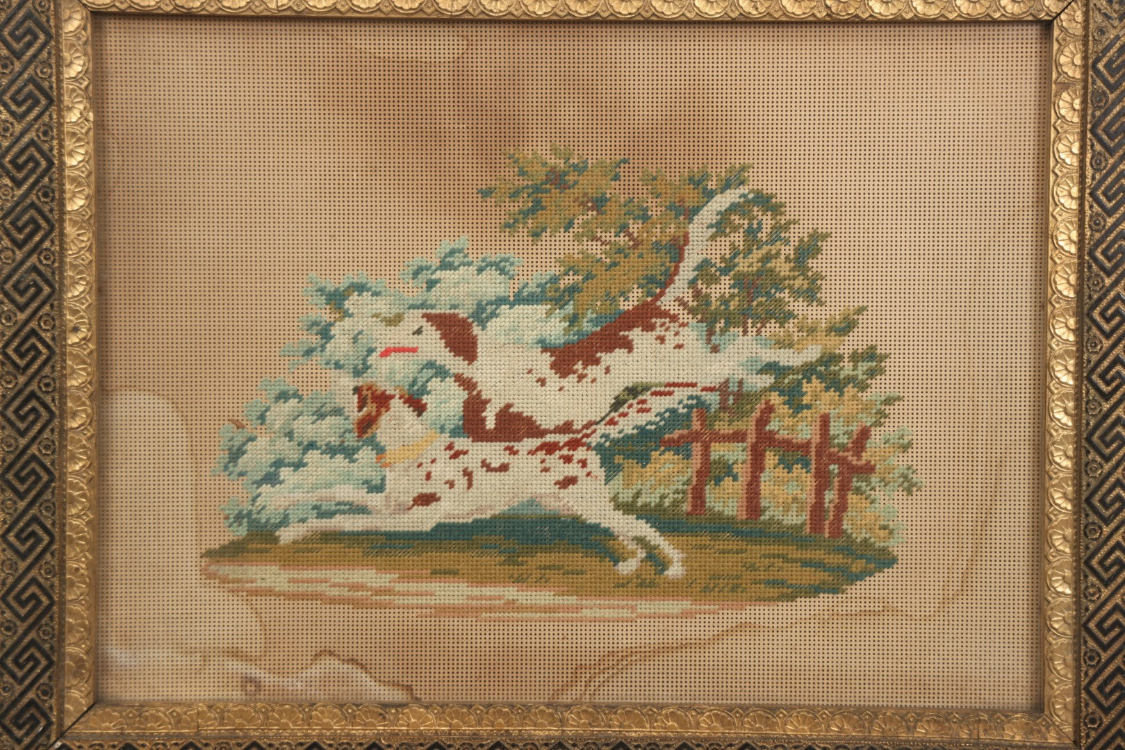 Lot 014 - Antique Punchwork Embroidery Country Scene With Running Dogs In Greek Key Gesso Frame, Note Staining, 18-1/2" x 14-1/2"