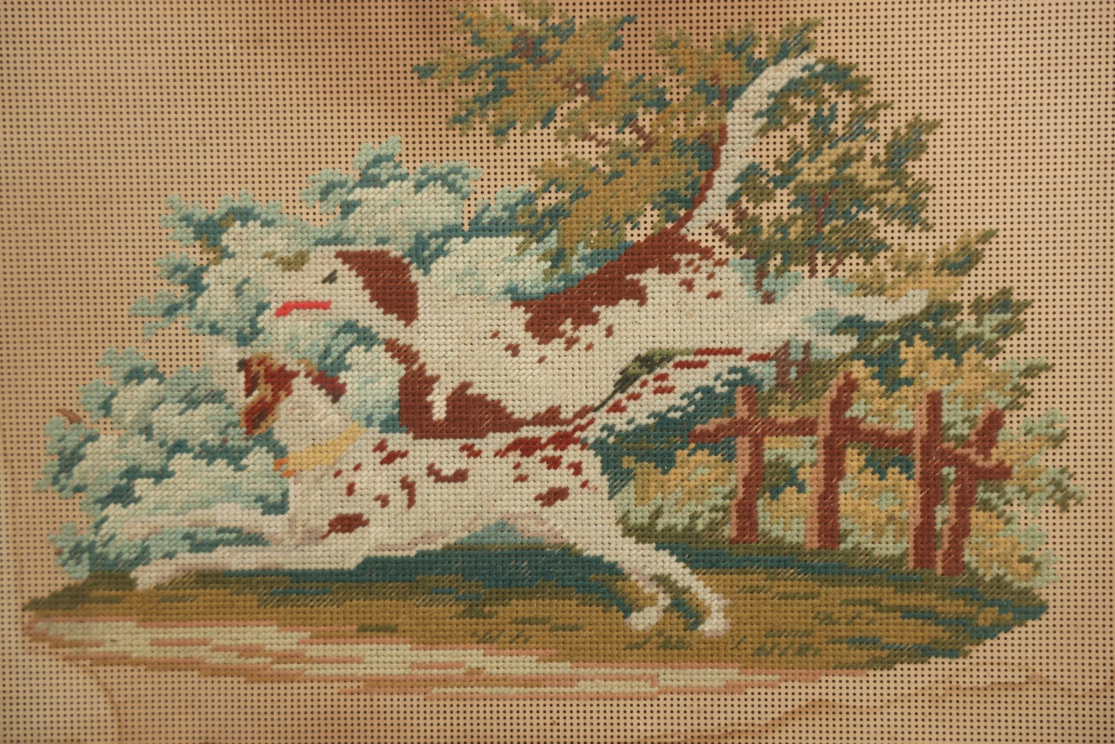 Lot 014 - Antique Punchwork Embroidery Country Scene With Running Dogs In Greek Key Gesso Frame, Note Staining, 18-1/2" x 14-1/2"
