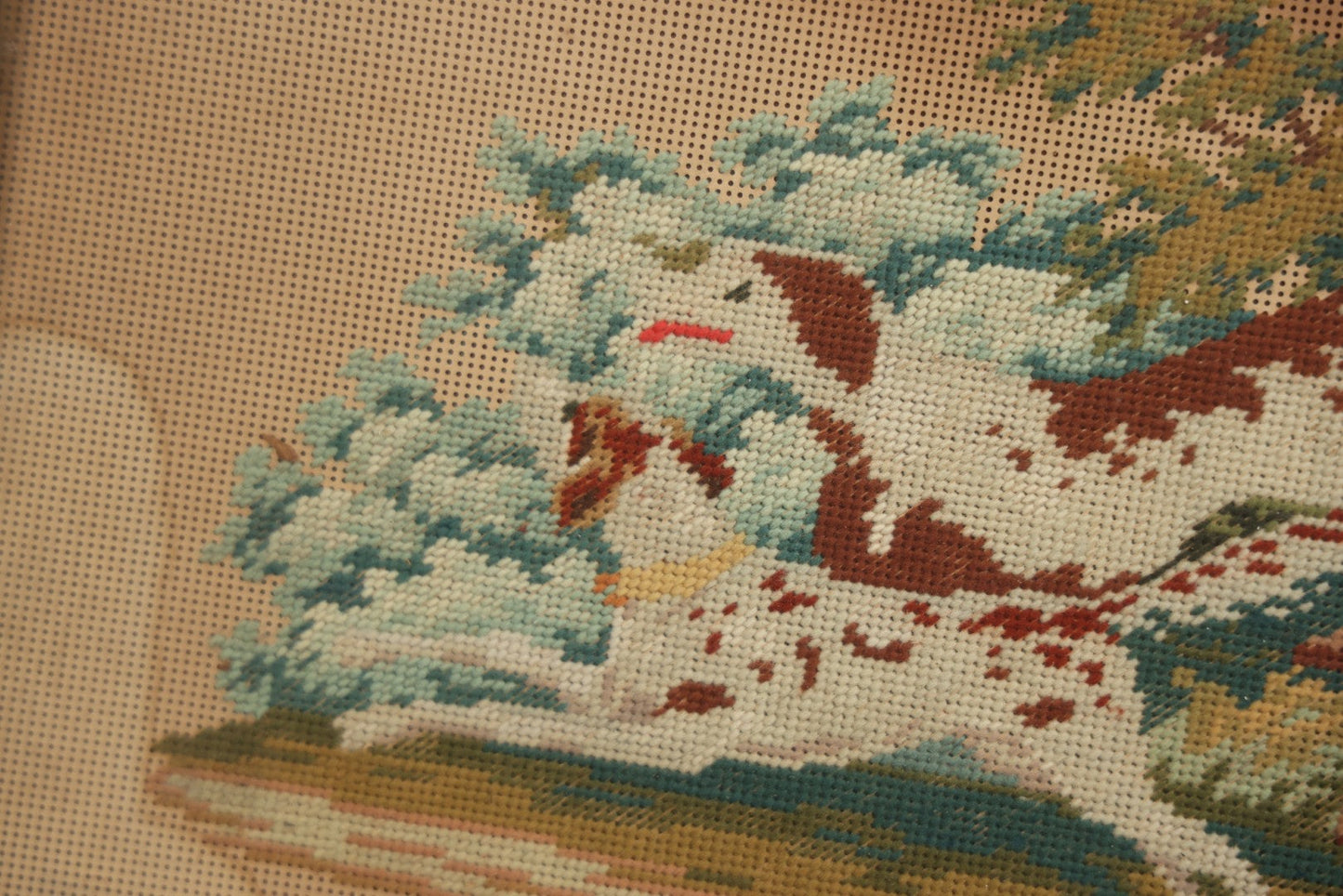 Lot 014 - Antique Punchwork Embroidery Country Scene With Running Dogs In Greek Key Gesso Frame, Note Staining, 18-1/2" x 14-1/2"