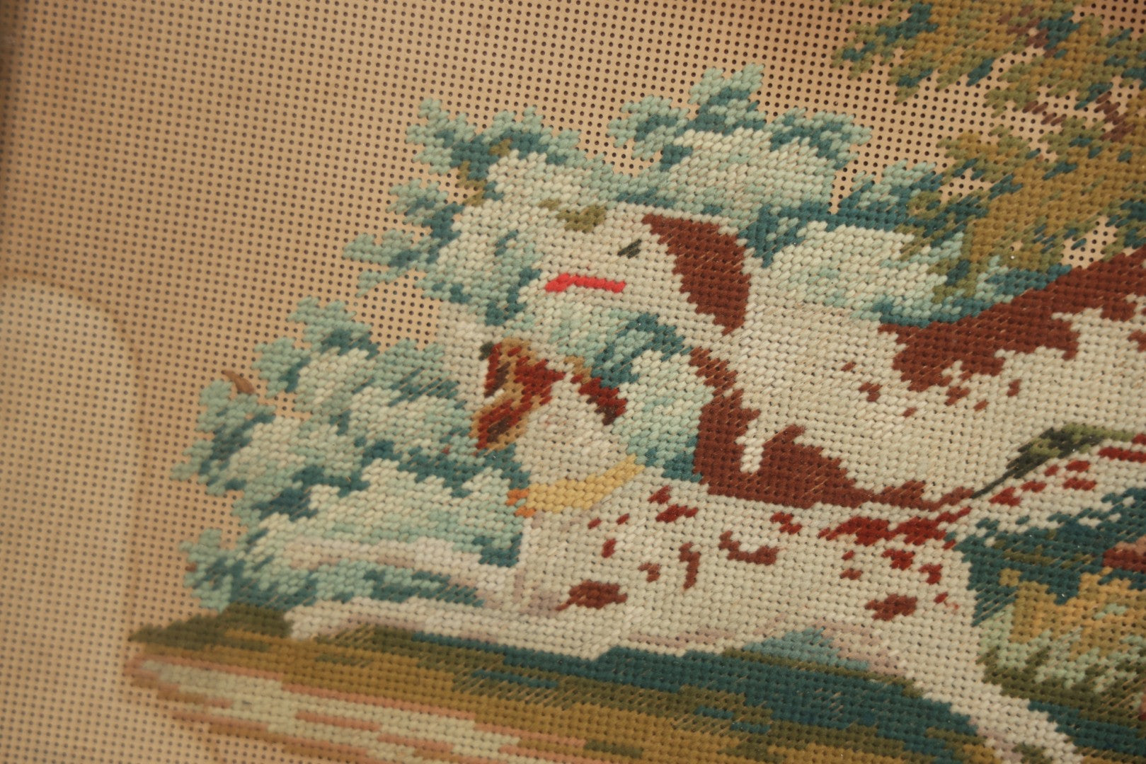 Lot 014 - Antique Punchwork Embroidery Country Scene With Running Dogs In Greek Key Gesso Frame, Note Staining, 18-1/2" x 14-1/2"