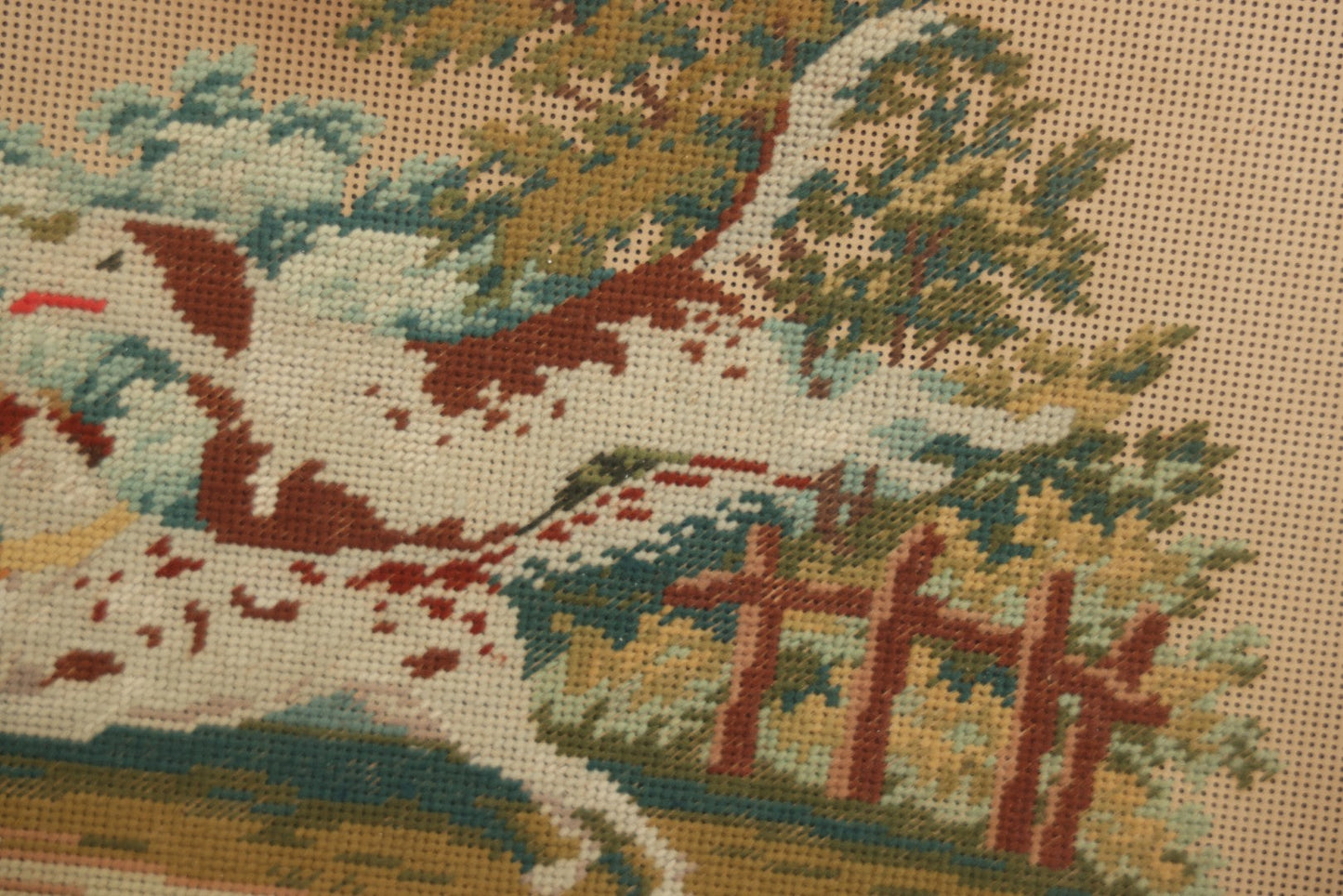 Lot 014 - Antique Punchwork Embroidery Country Scene With Running Dogs In Greek Key Gesso Frame, Note Staining, 18-1/2" x 14-1/2"